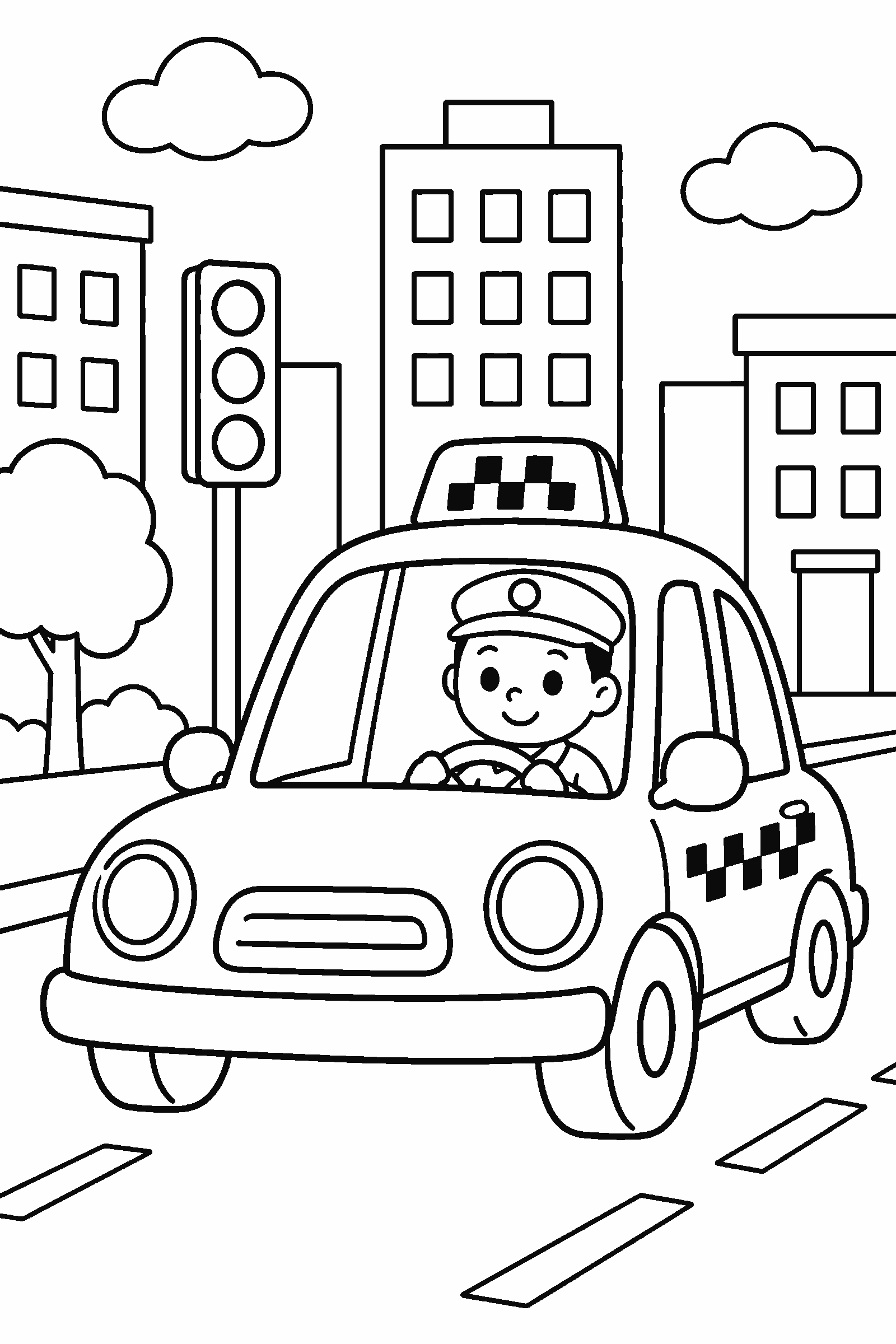 Coloring page of a taxi in the city