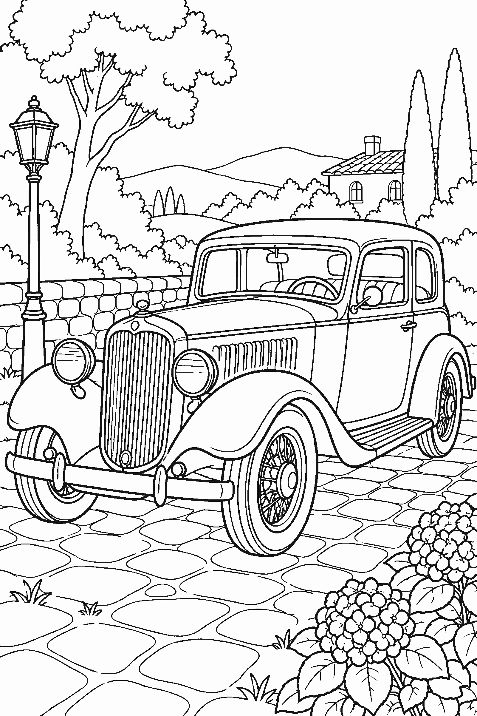 Coloring page of a vintage car