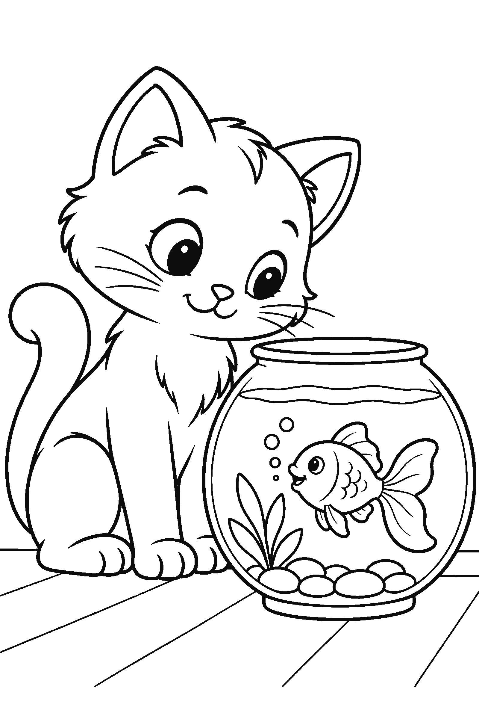 Coloring page of a cat looking at a goldfish bowl