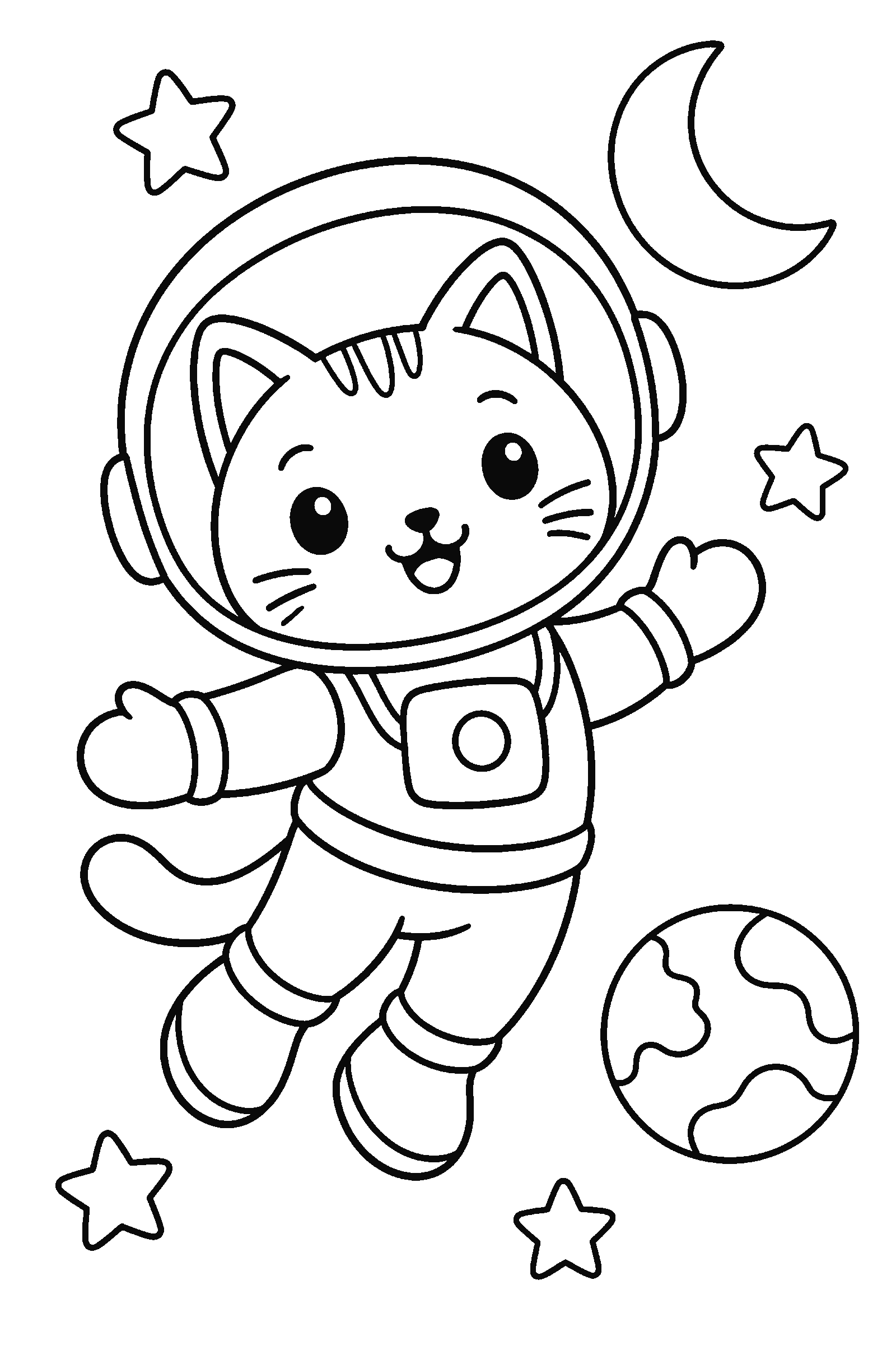 Coloring page of a cat in an astronaut suit floating in space