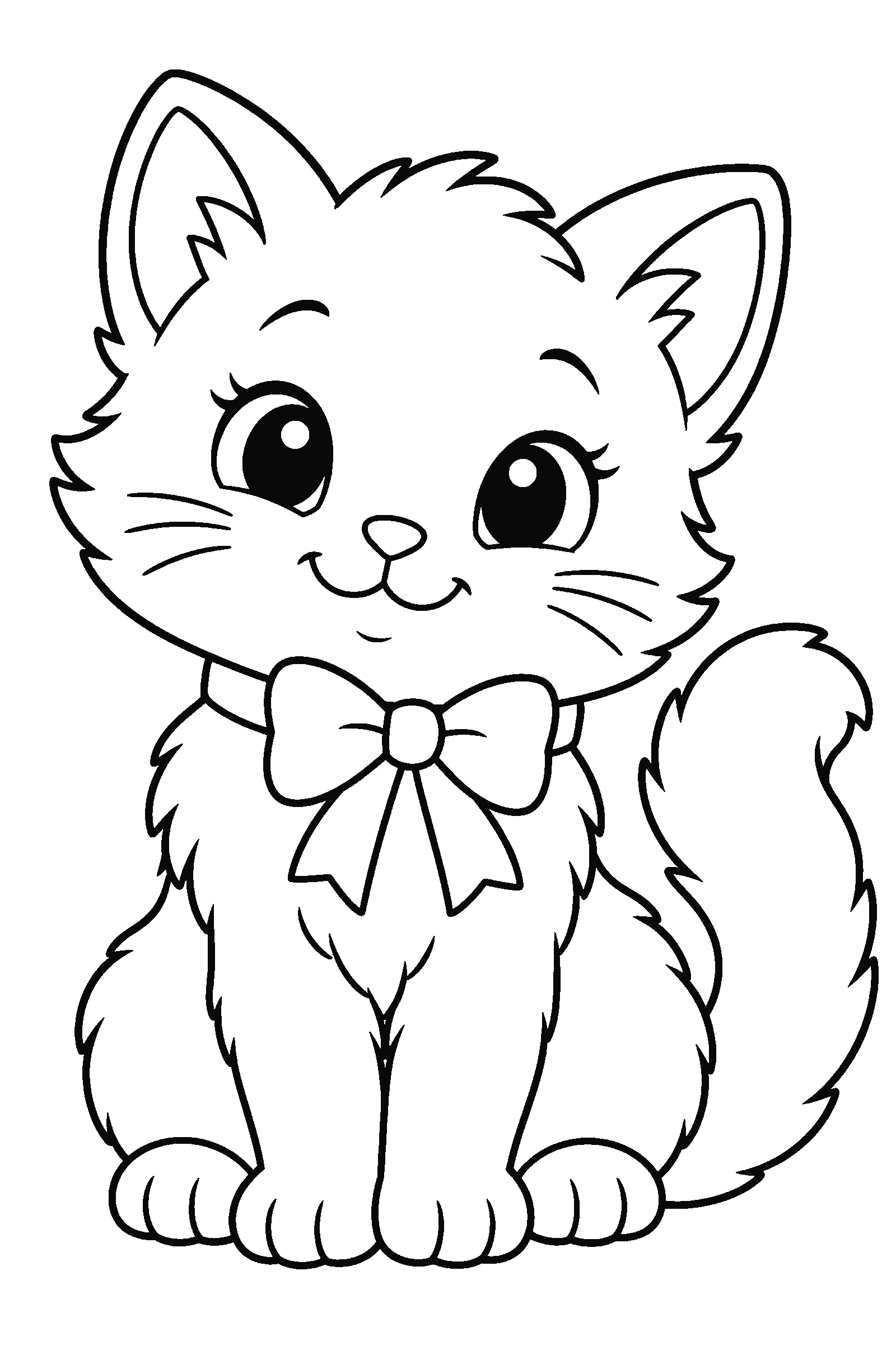 Coloring page of a cute kitten sitting with a bow