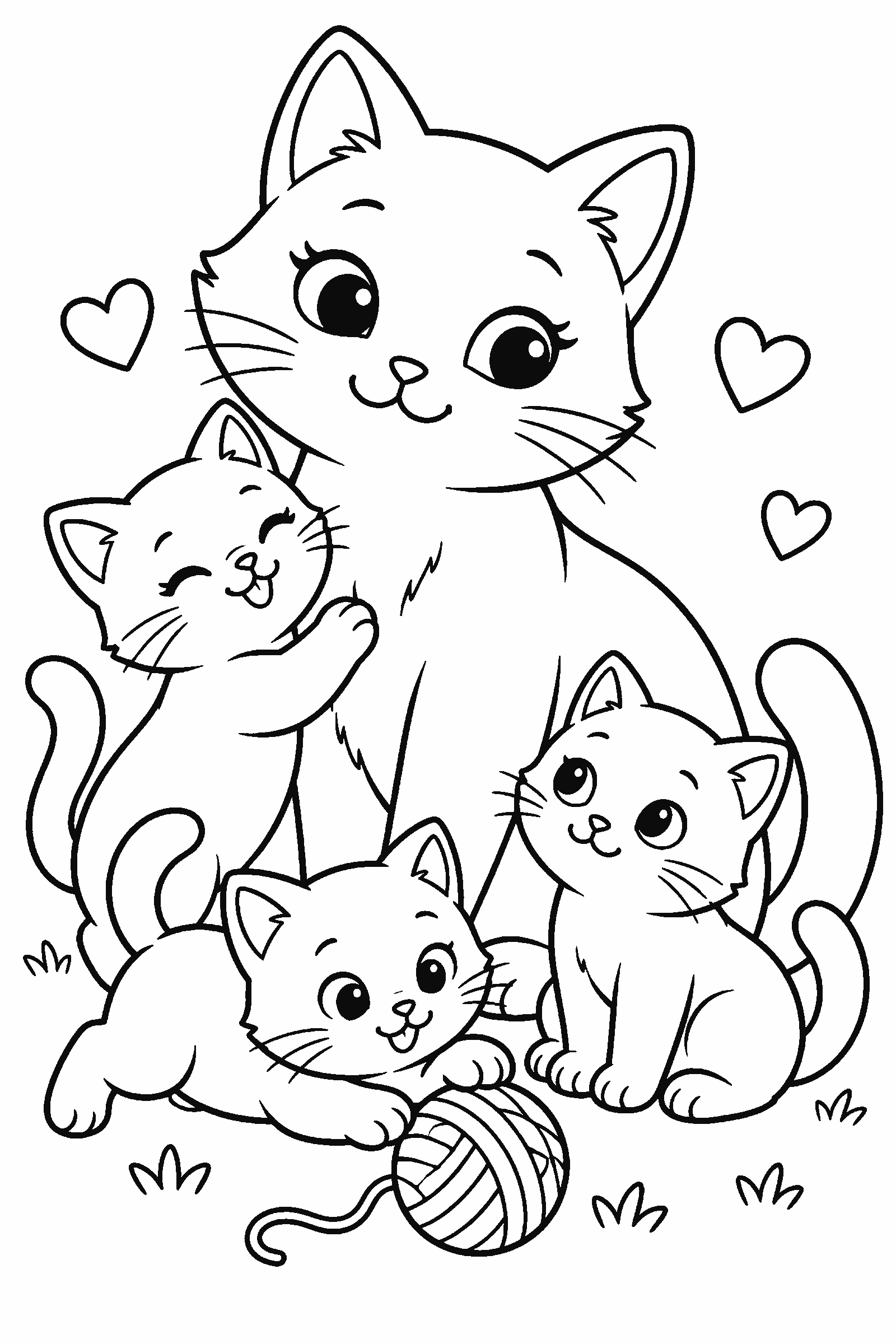 Coloring page of a mother cat with three kittens