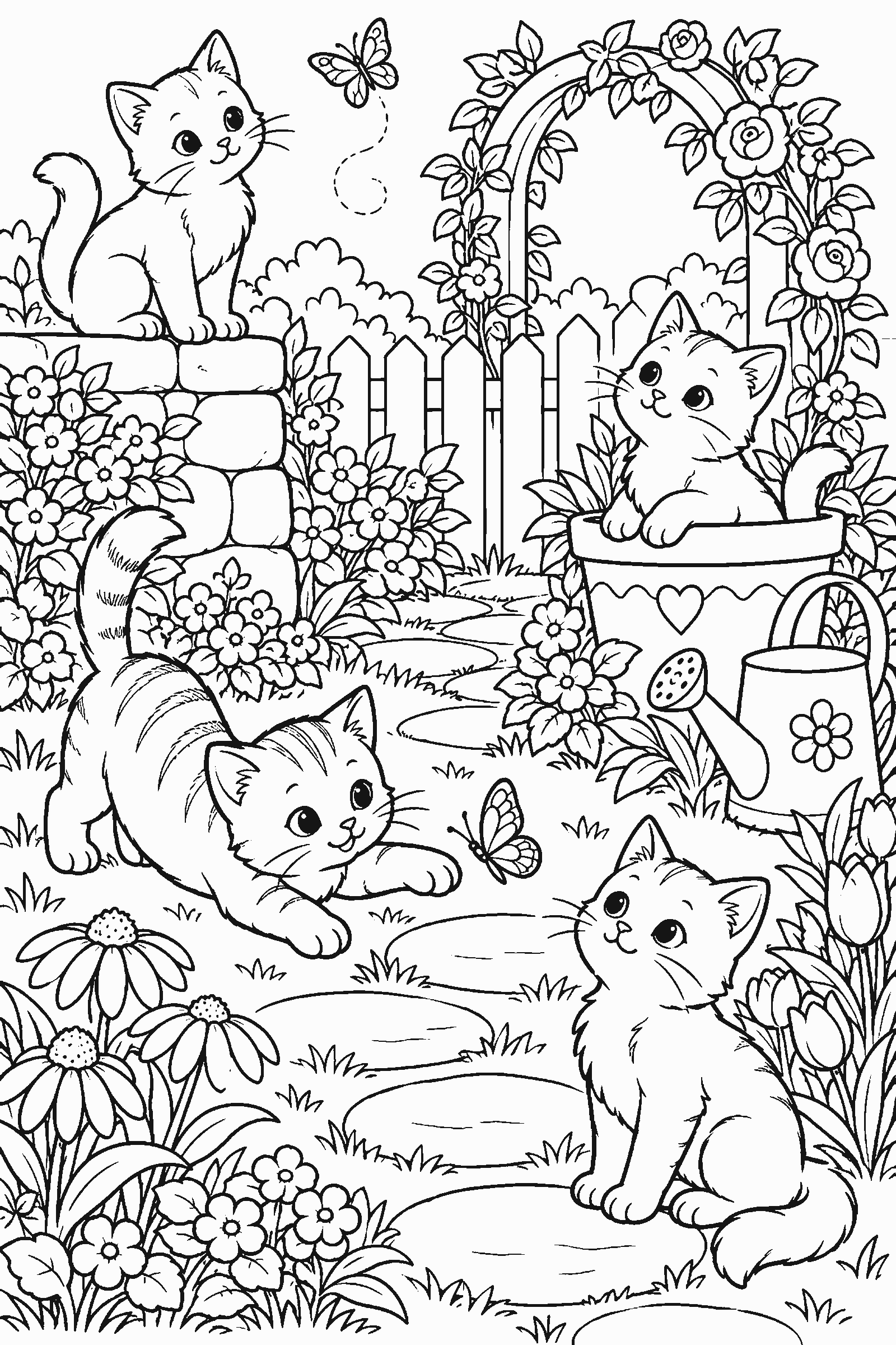 Coloring page of cats in a garden with flowers