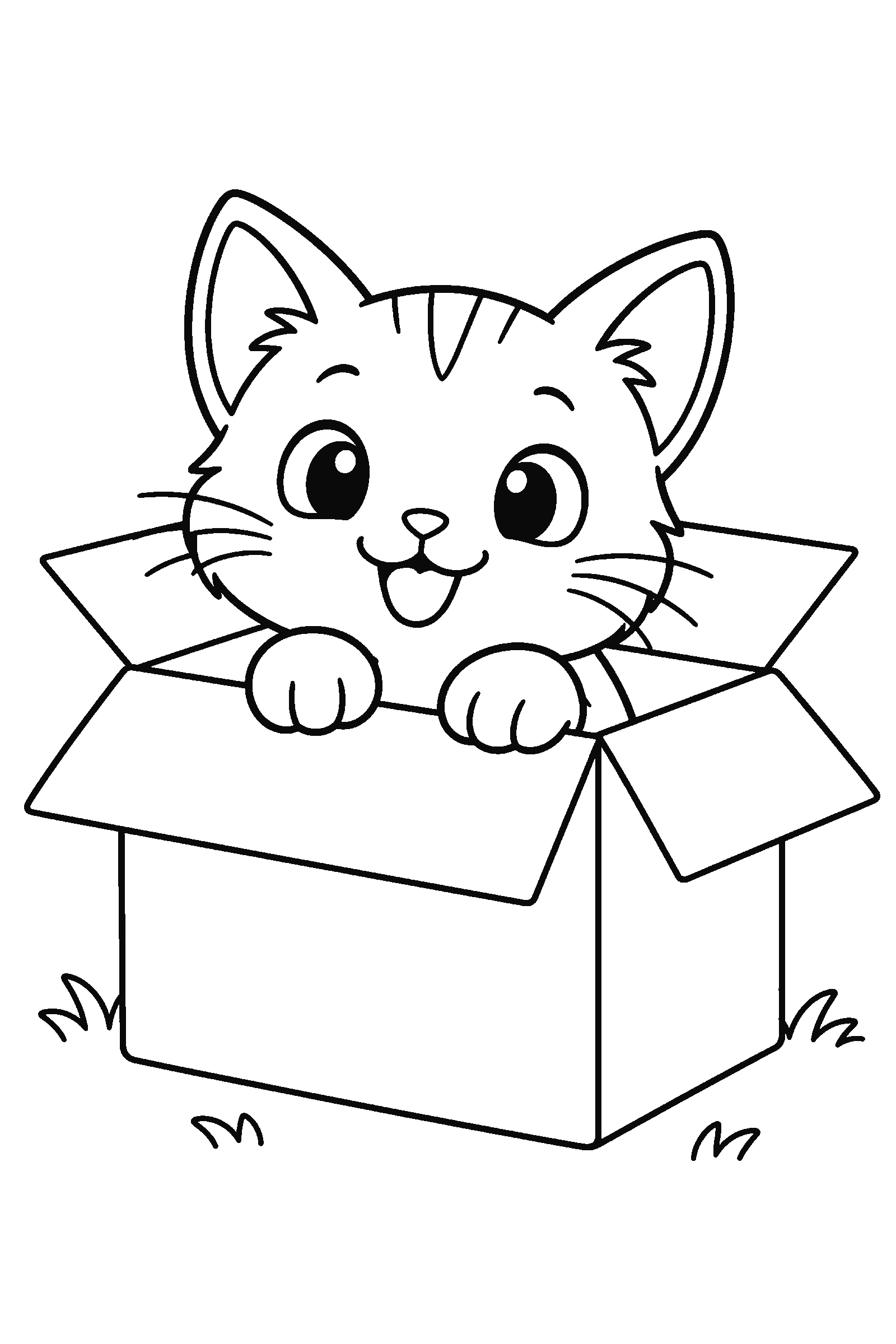 Coloring page of a cat peeking out of a cardboard box