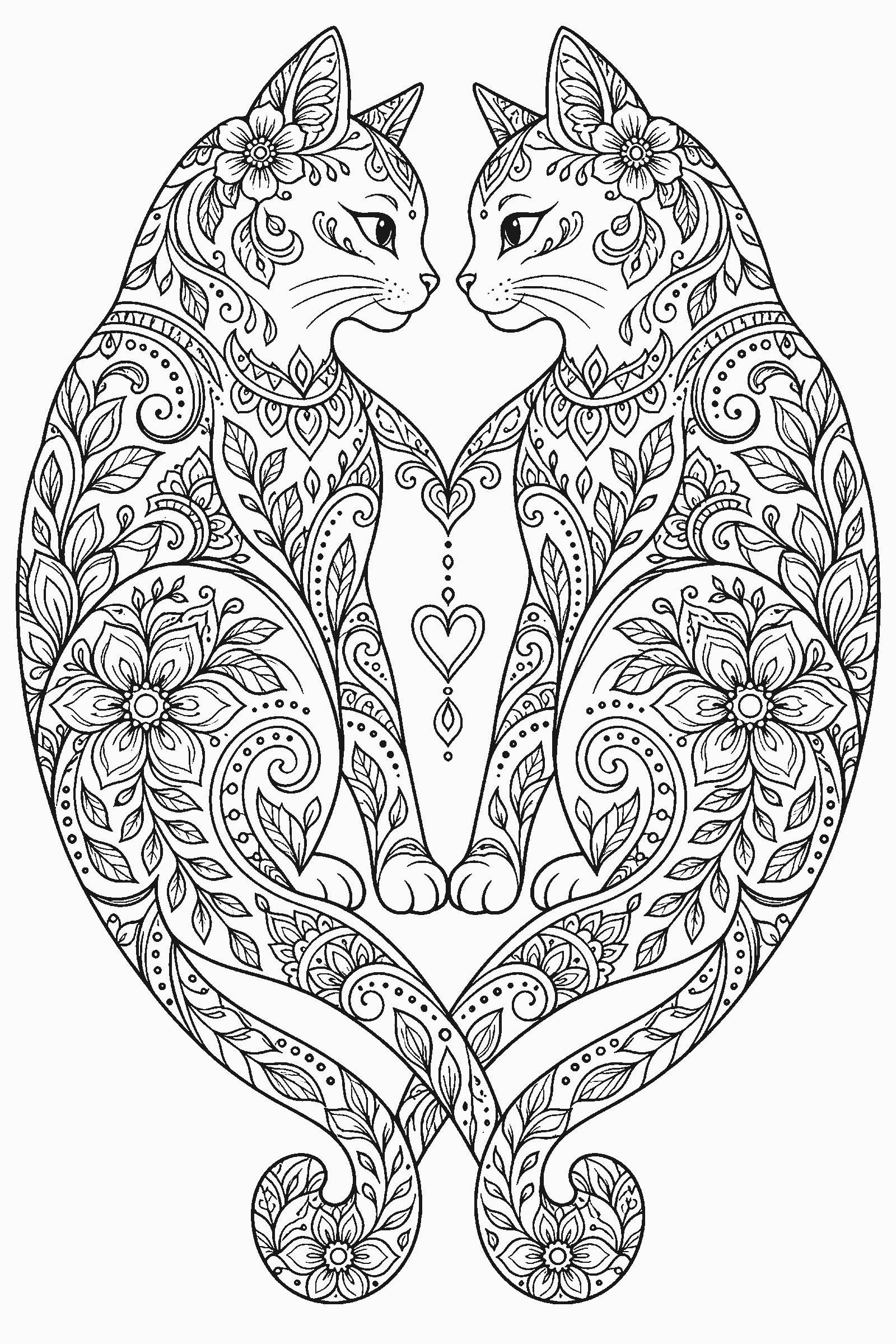 Detailed coloring page of two cats forming a heart shape filled with patterns