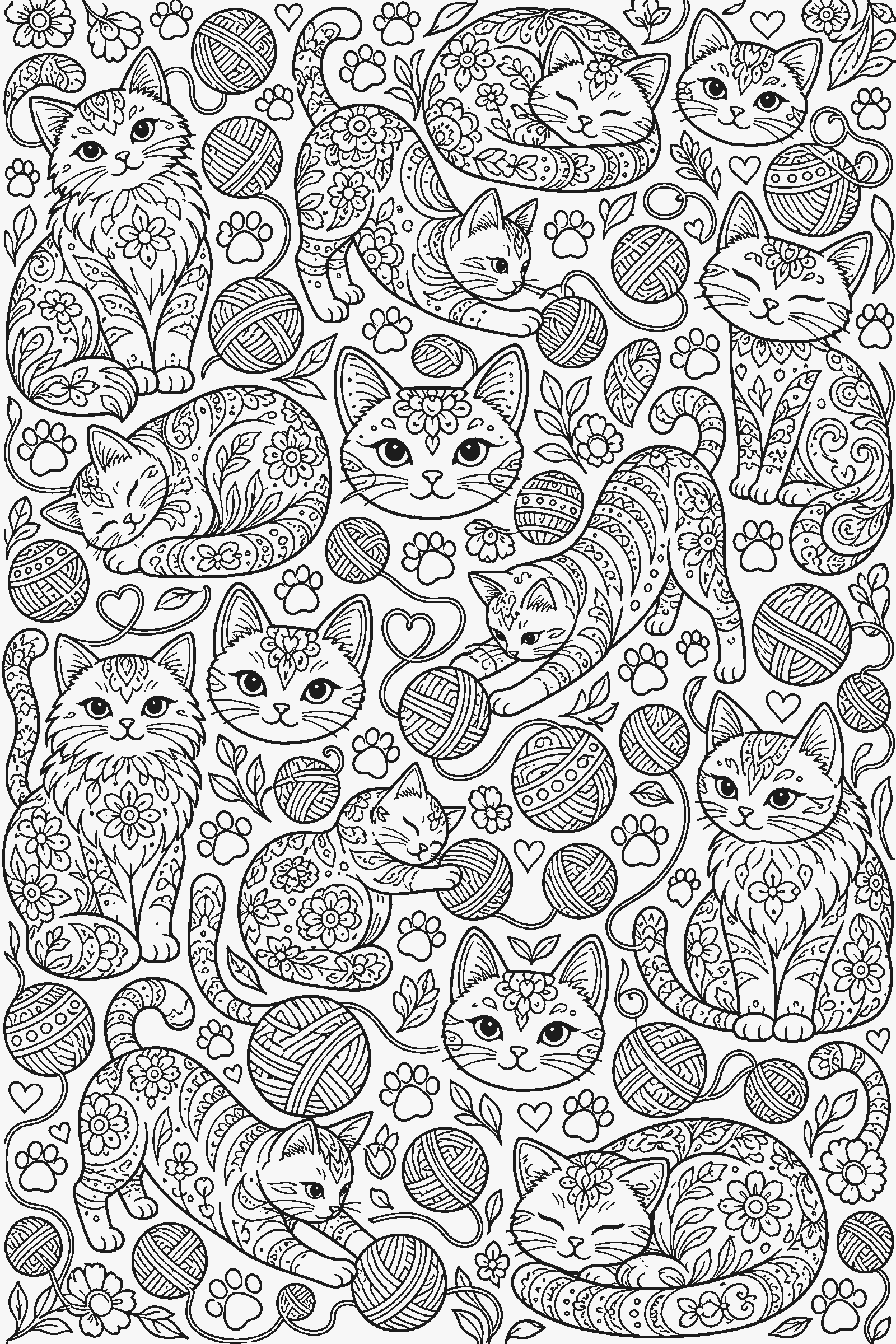 Coloring page of a full-page pattern of cats, paws and yarn balls