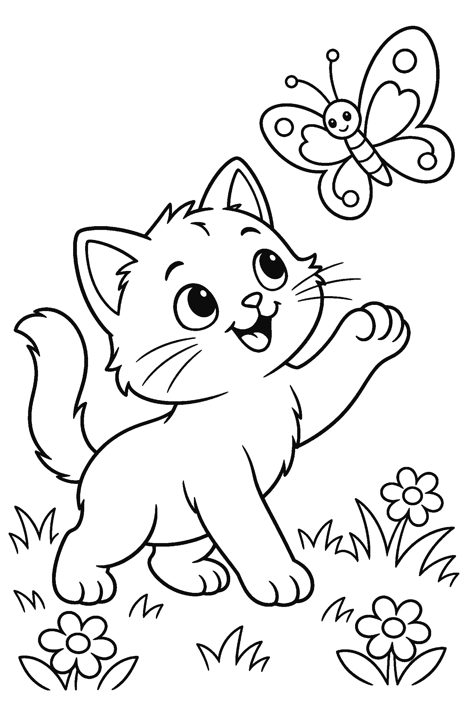 Coloring page of a kitten playing with a butterfly