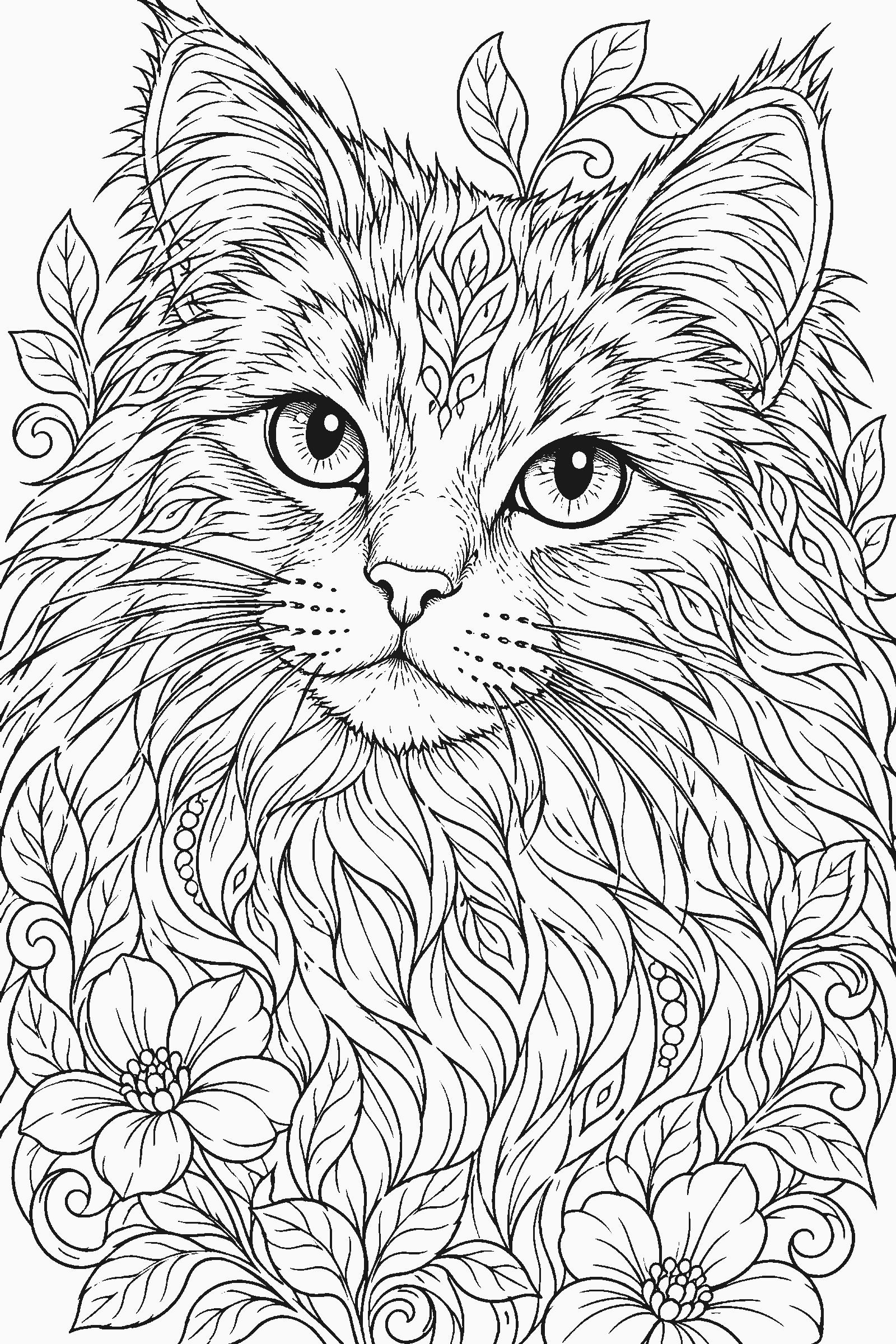 Coloring page of a detailed cat portrait with fluffy fur drawn as outlines