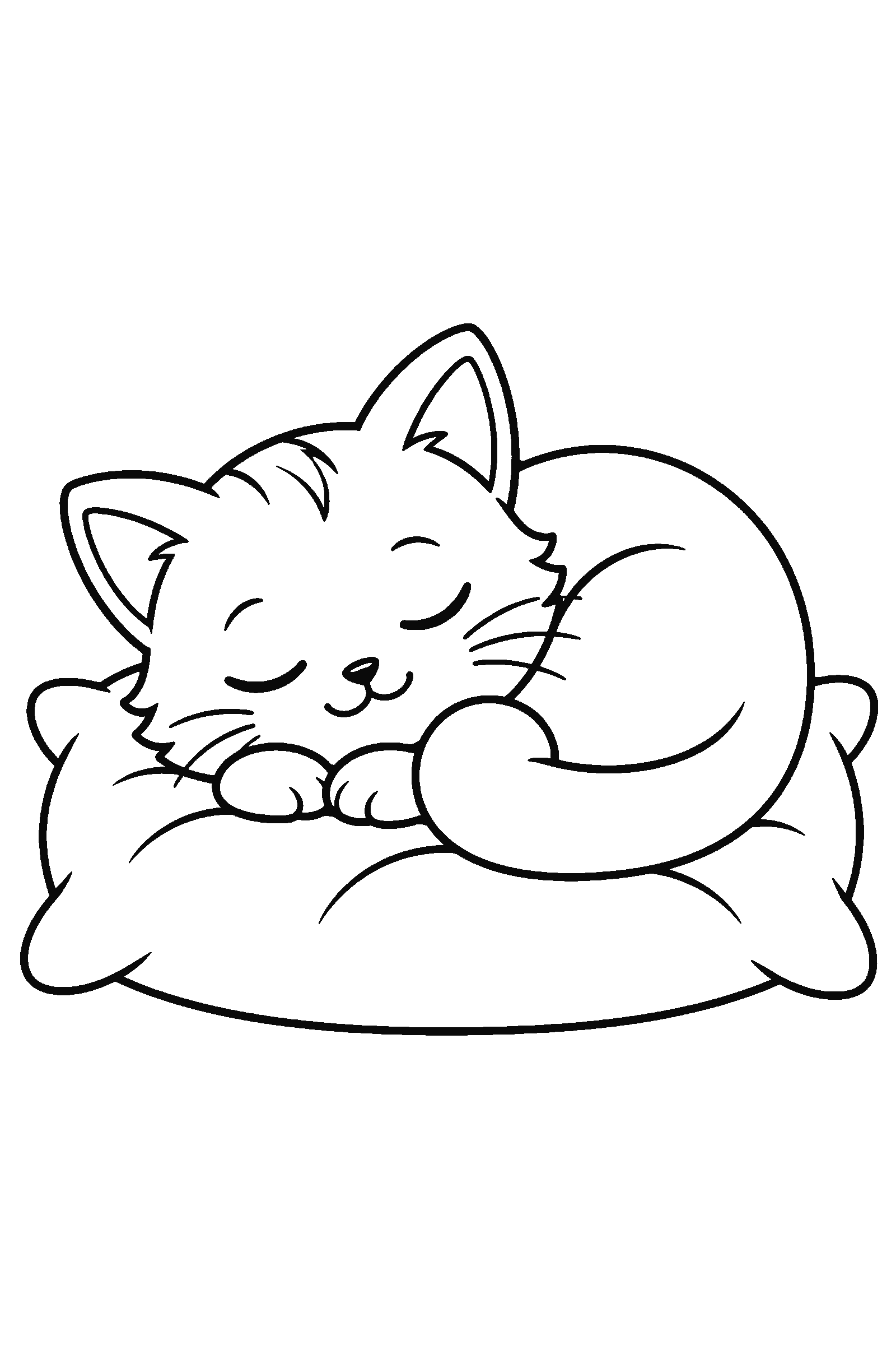 Coloring page of a cat curled up sleeping on a pillow