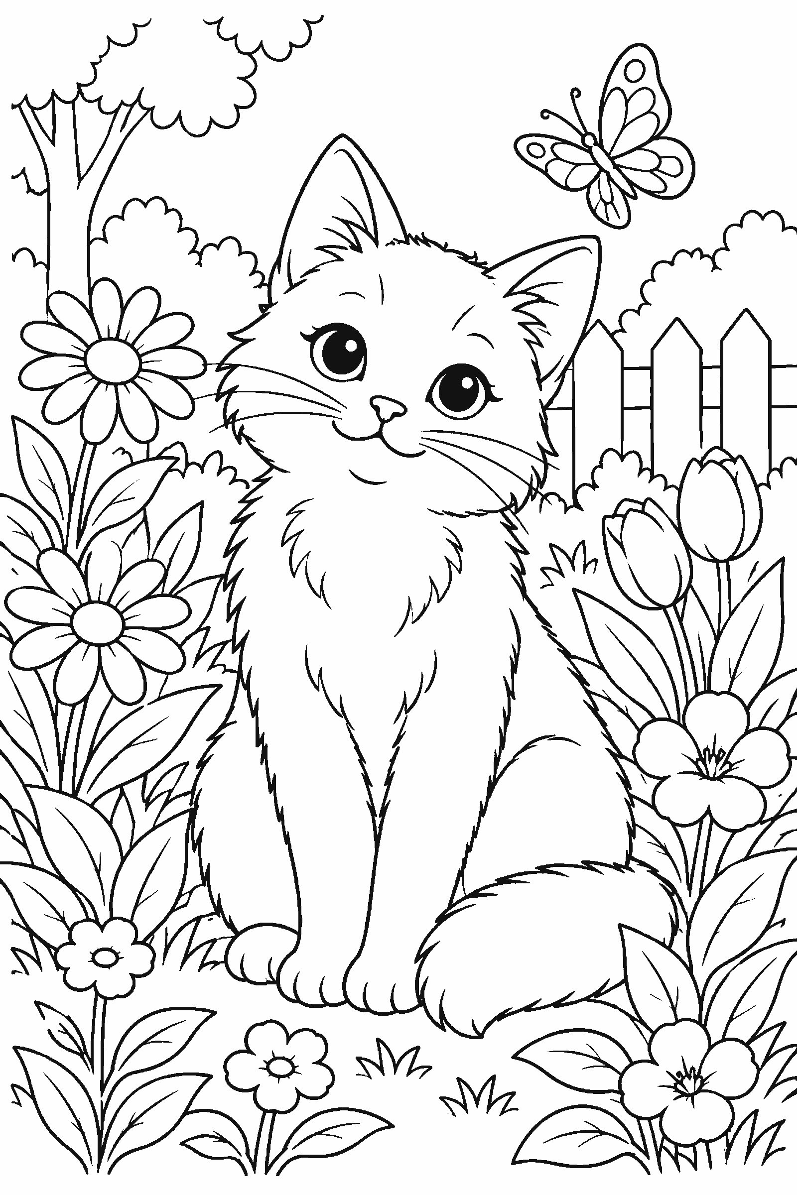 Coloring page of a cat sitting among flowers