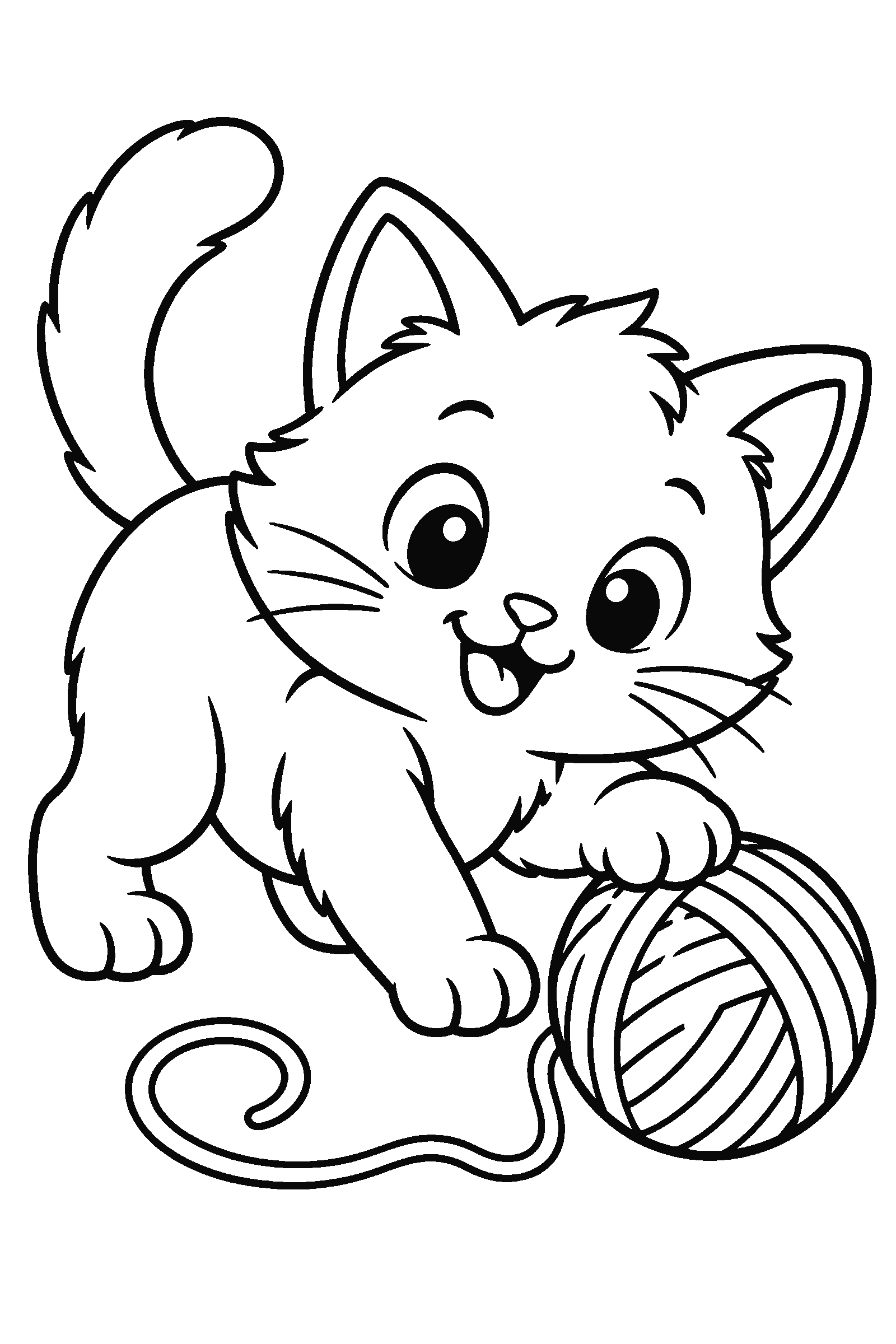 Coloring page of a kitten playing with a ball of yarn