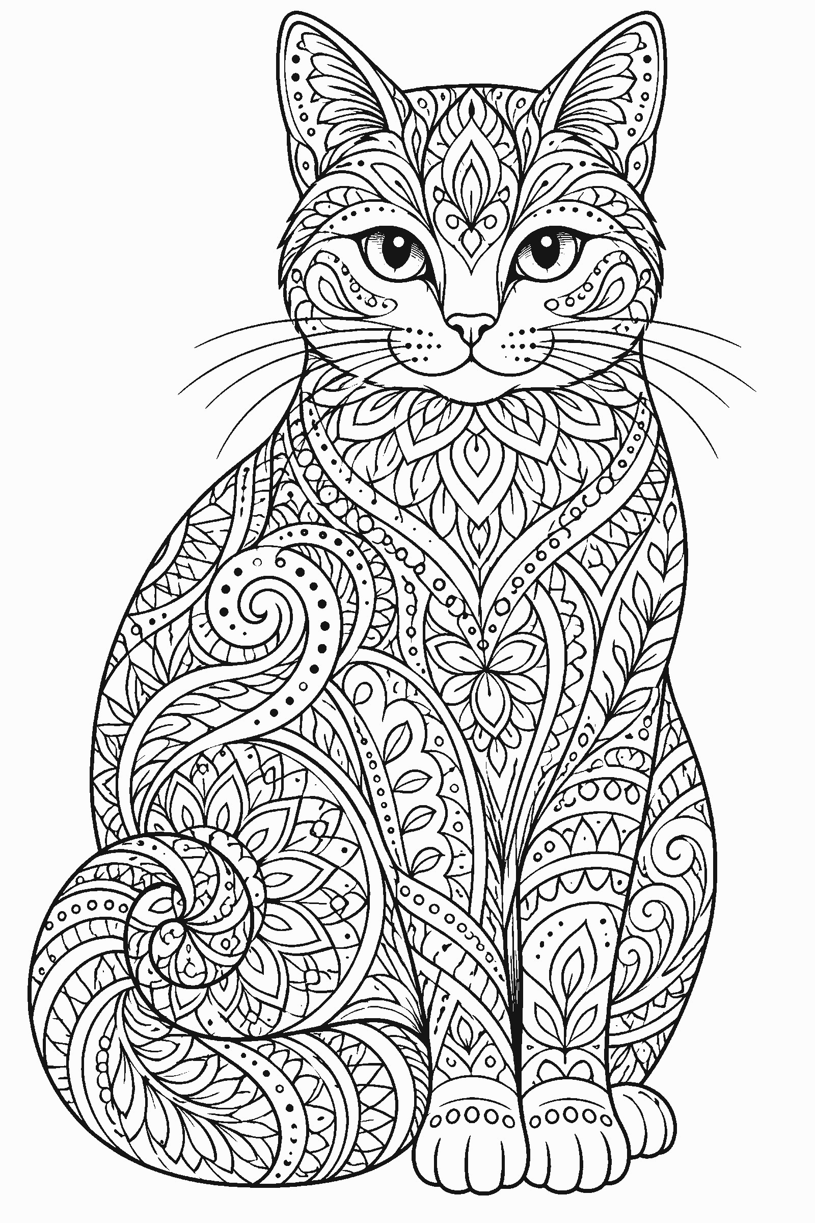 Coloring page of a sitting cat filled with zentangle patterns
