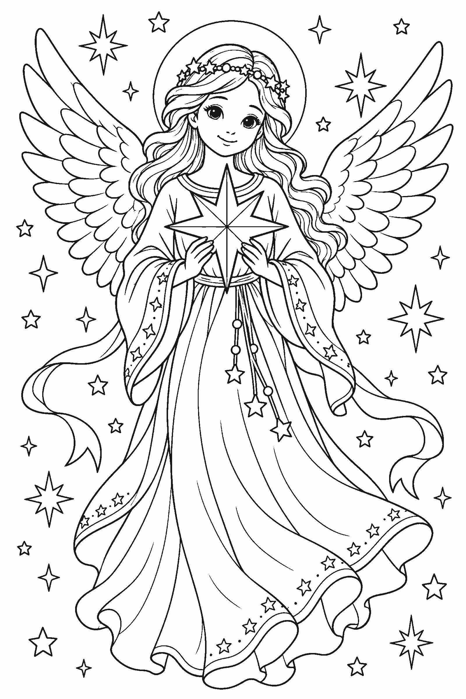 Coloring page of a Christmas angel with wings holding a star
