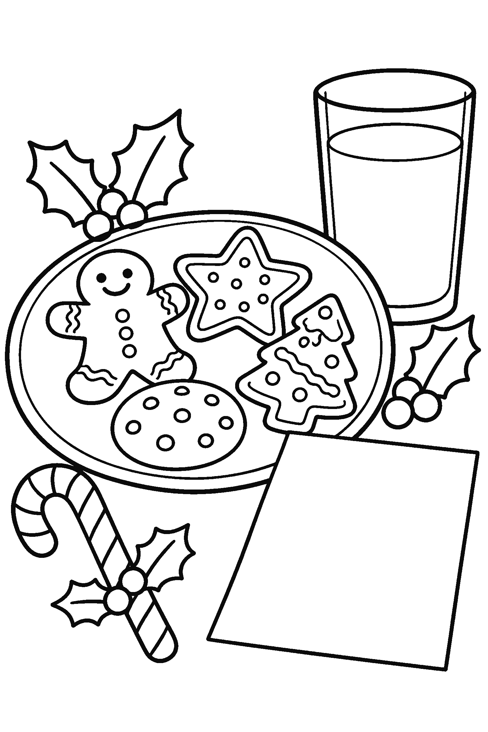Coloring page of a plate of cookies and a glass of milk left out for Santa