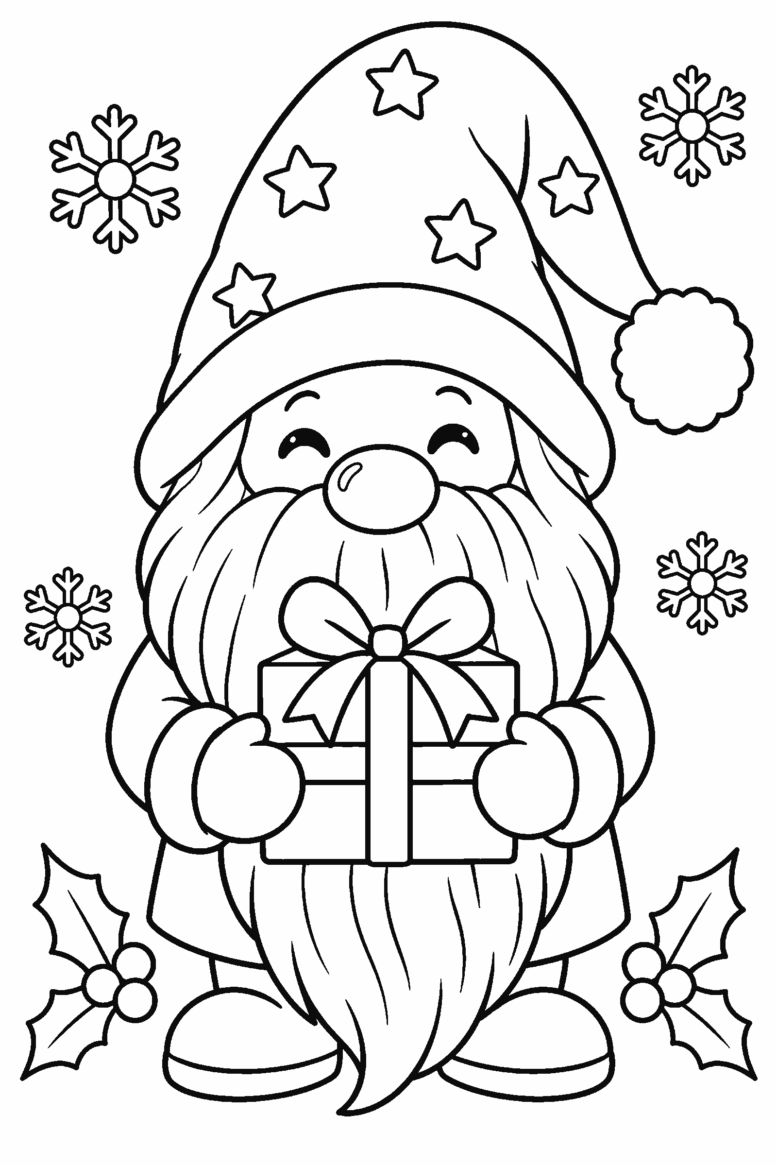 Coloring page of a cute Christmas gnome with a long beard and a big hat holding a present