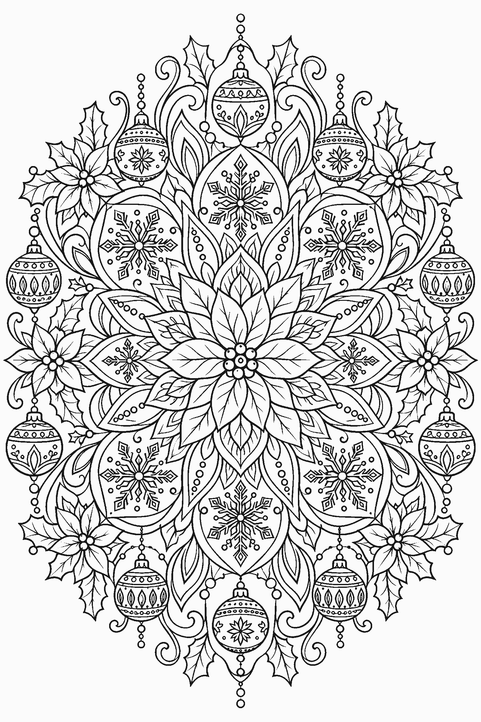Christmas mandala coloring page with snowflakes, ornaments, holly and poinsettias