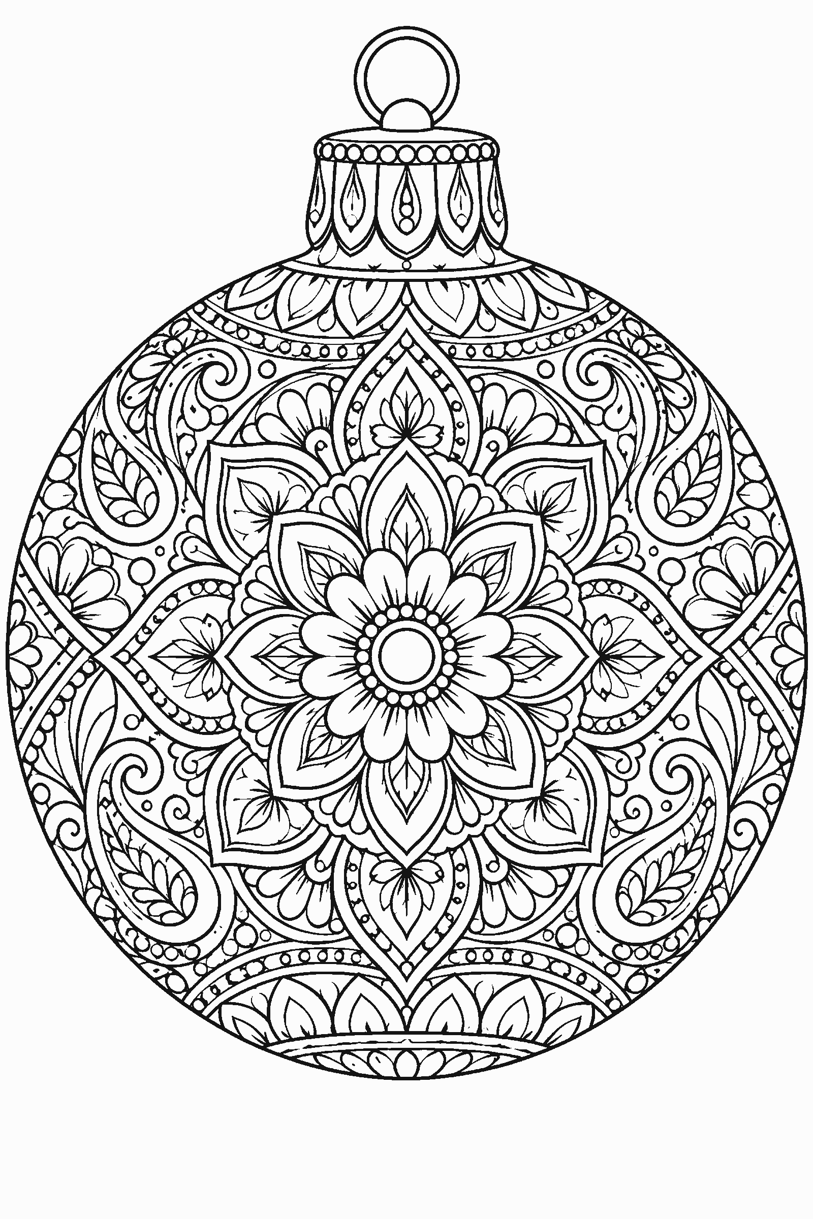 Detailed coloring page of a large Christmas bauble filled with mandala patterns