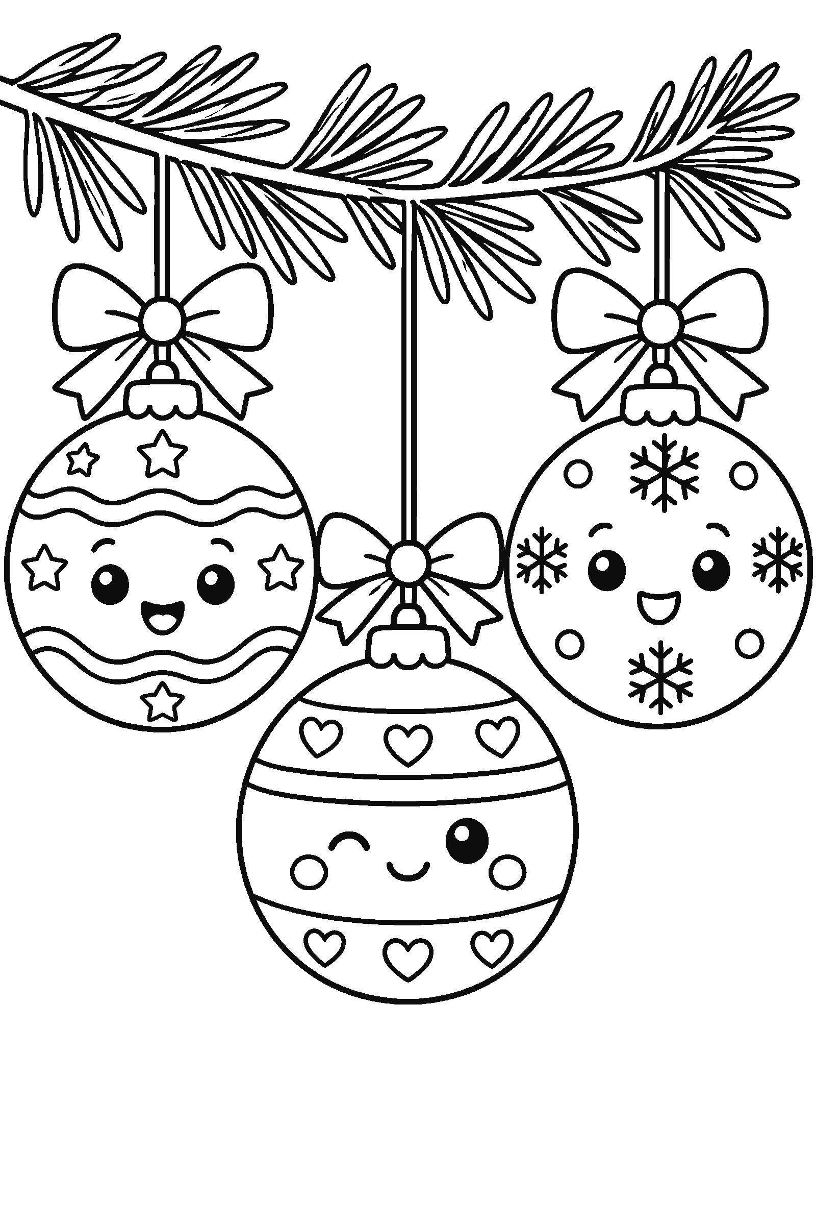 Coloring page of three big round Christmas ornaments with bows hanging from a pine branch