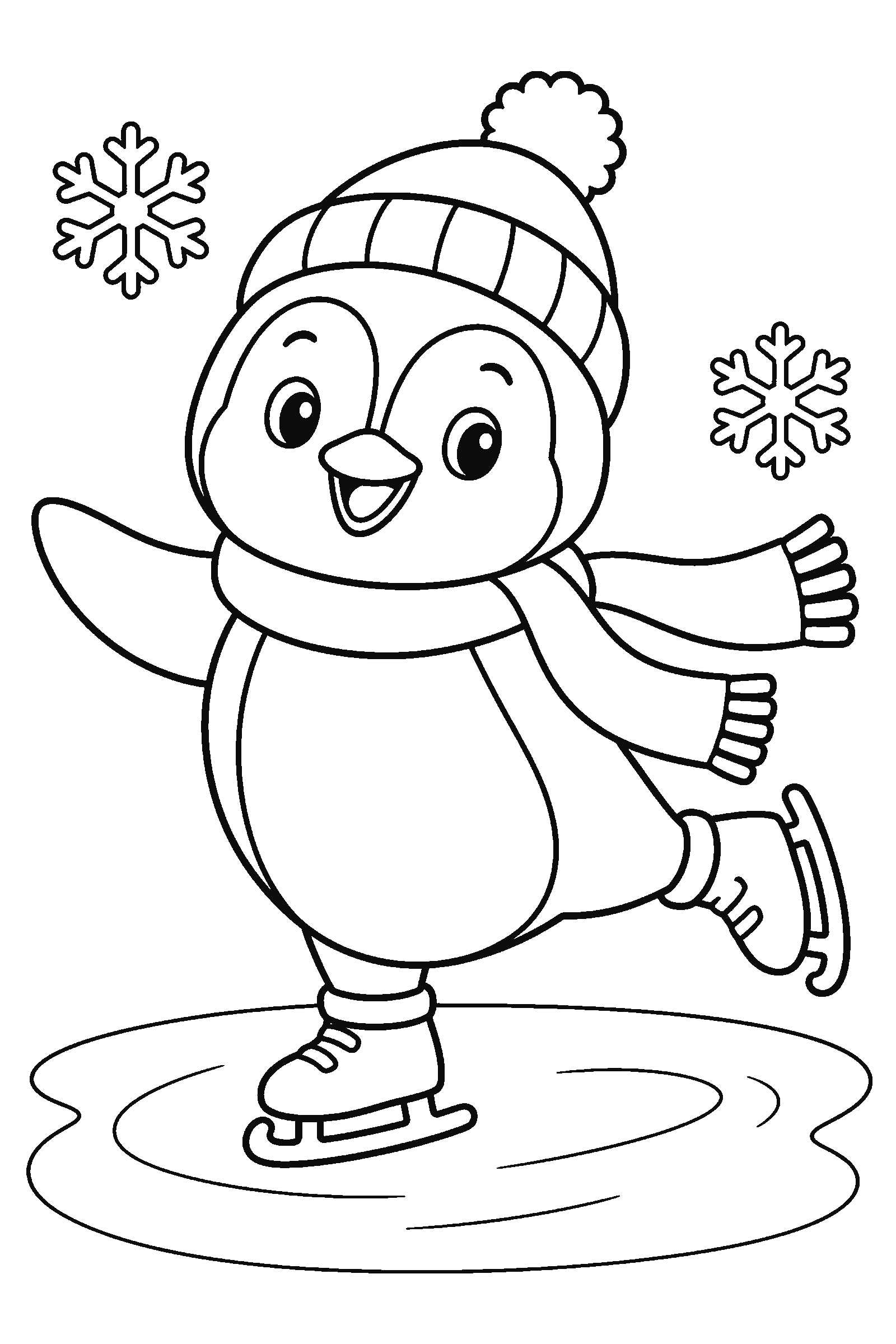 Coloring page of a cute penguin in a hat and scarf ice skating