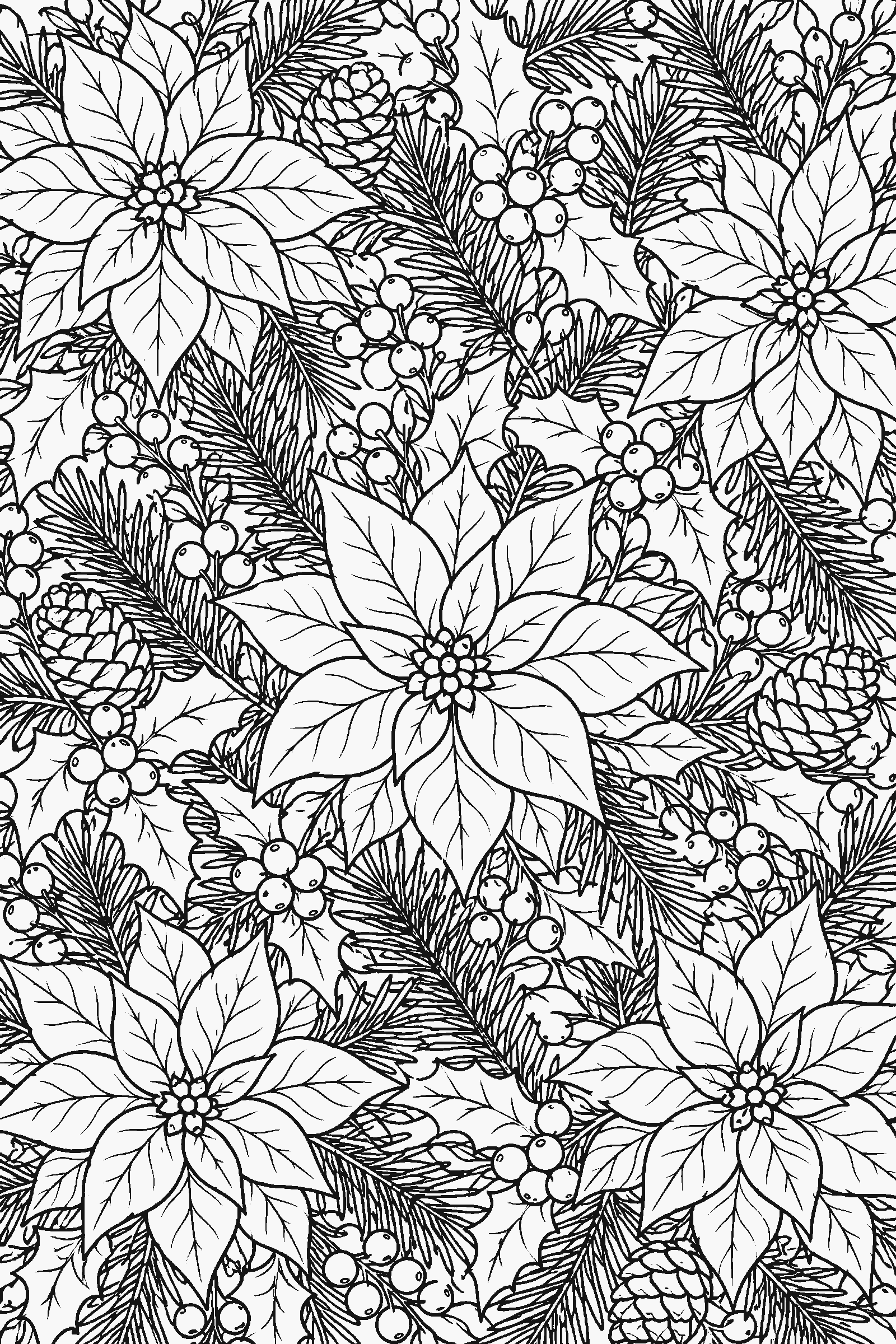 Detailed full-page coloring pattern of poinsettias, holly and pine branches