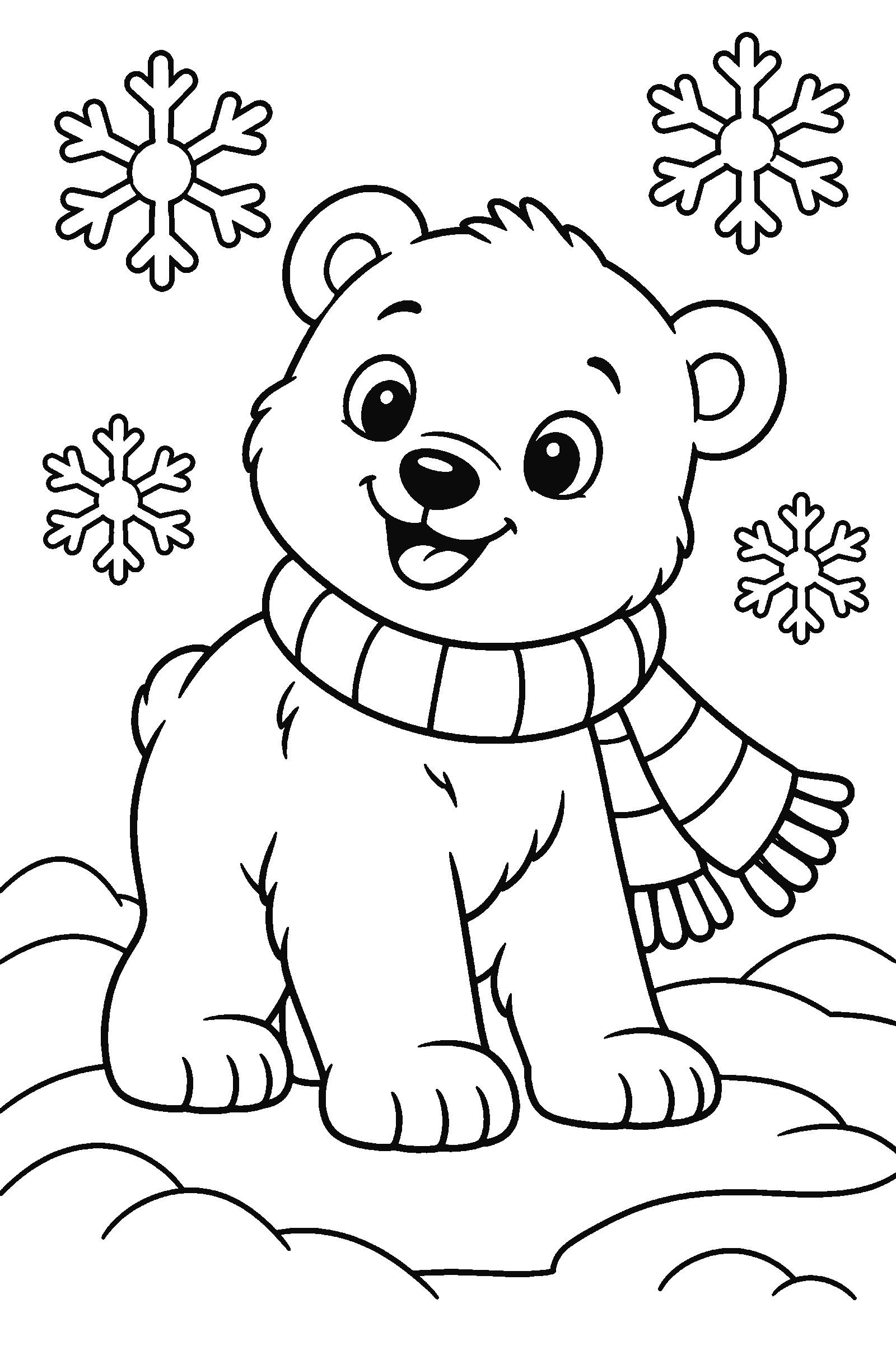Coloring page of a polar bear cub wearing a scarf on snowy ice with snowflakes