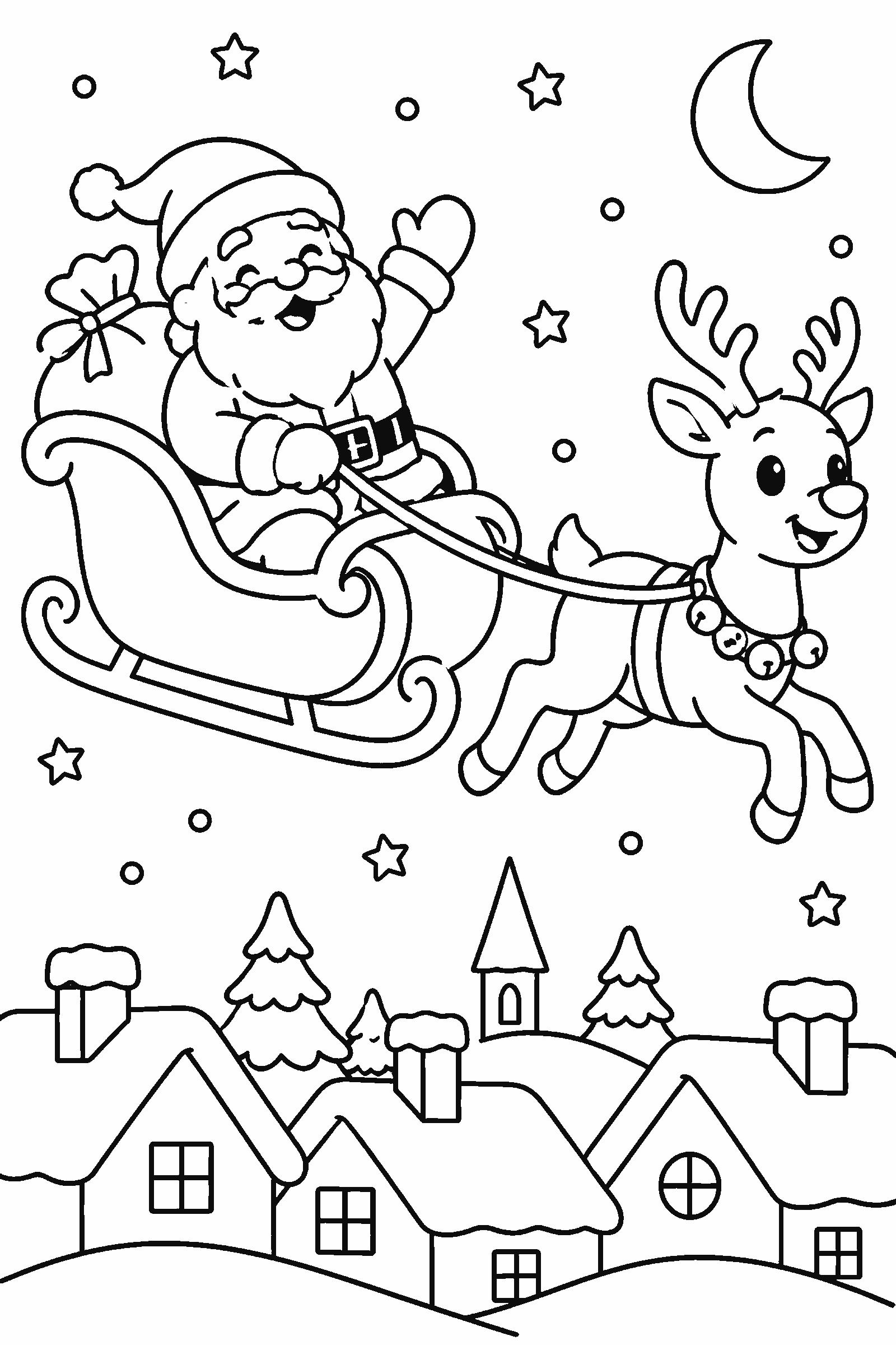 Coloring page of Santa in his sleigh pulled by a reindeer over snowy rooftops
