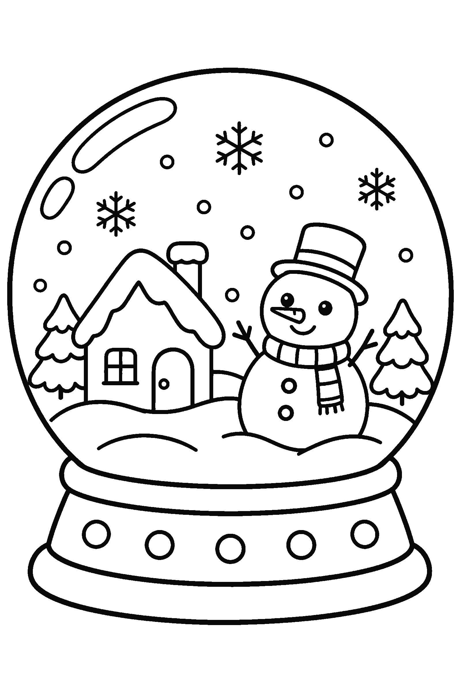 Coloring page of a snow globe with a little house and a snowman inside