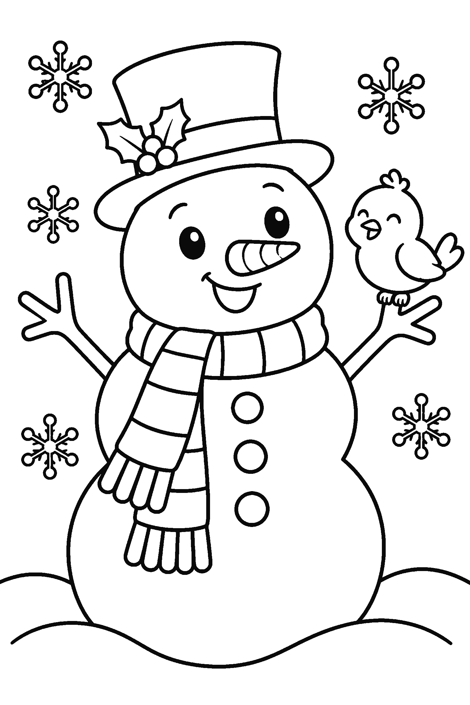 Coloring page of a snowman with a top hat and scarf, snowflakes and a small bird
