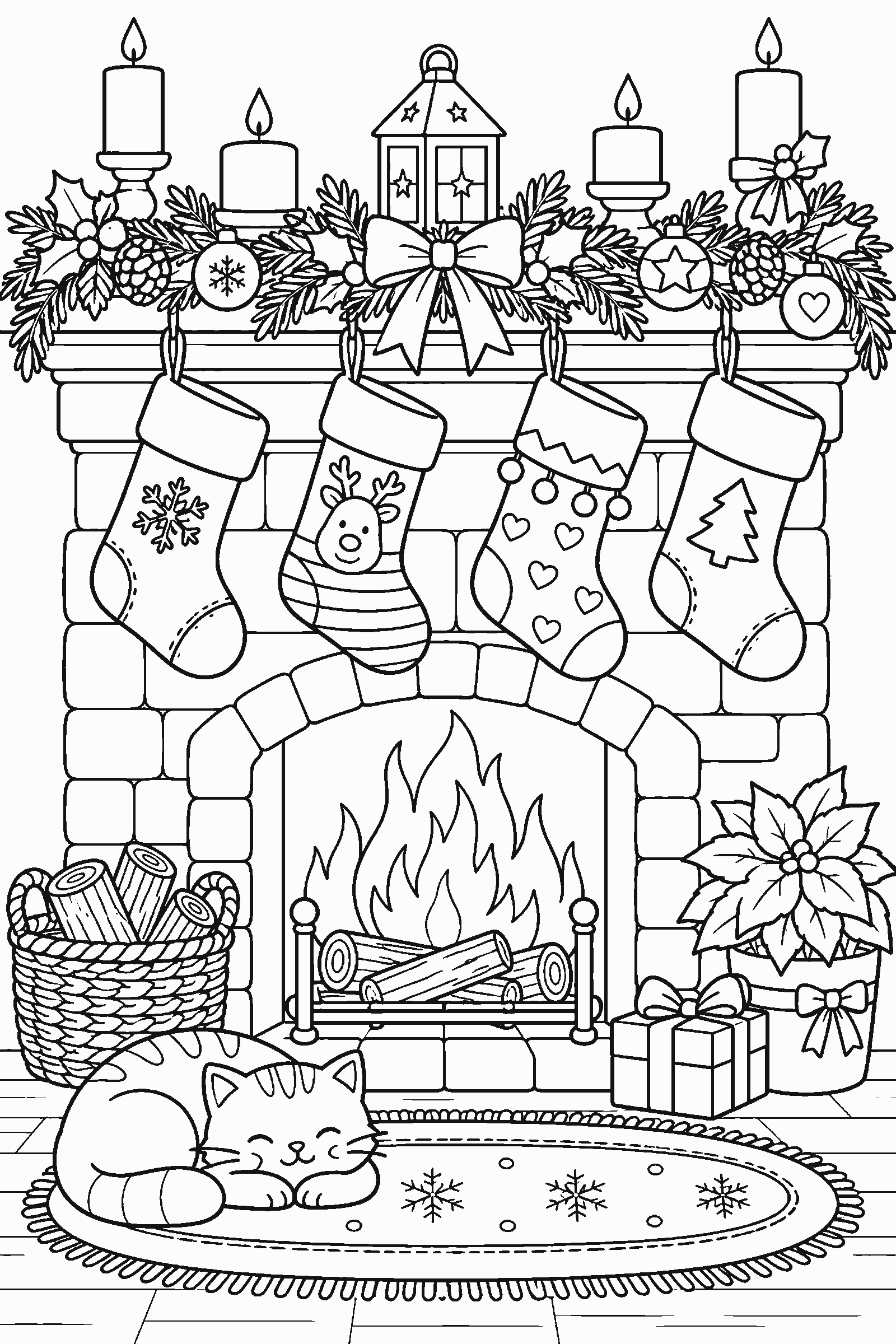 Coloring page of Christmas stockings hanging on a fireplace mantel with garland and candles