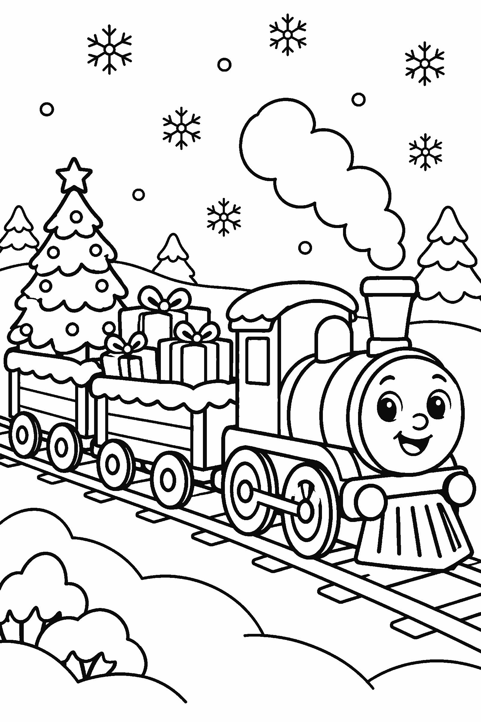 Coloring page of a toy train carrying presents and a Christmas tree through the snow