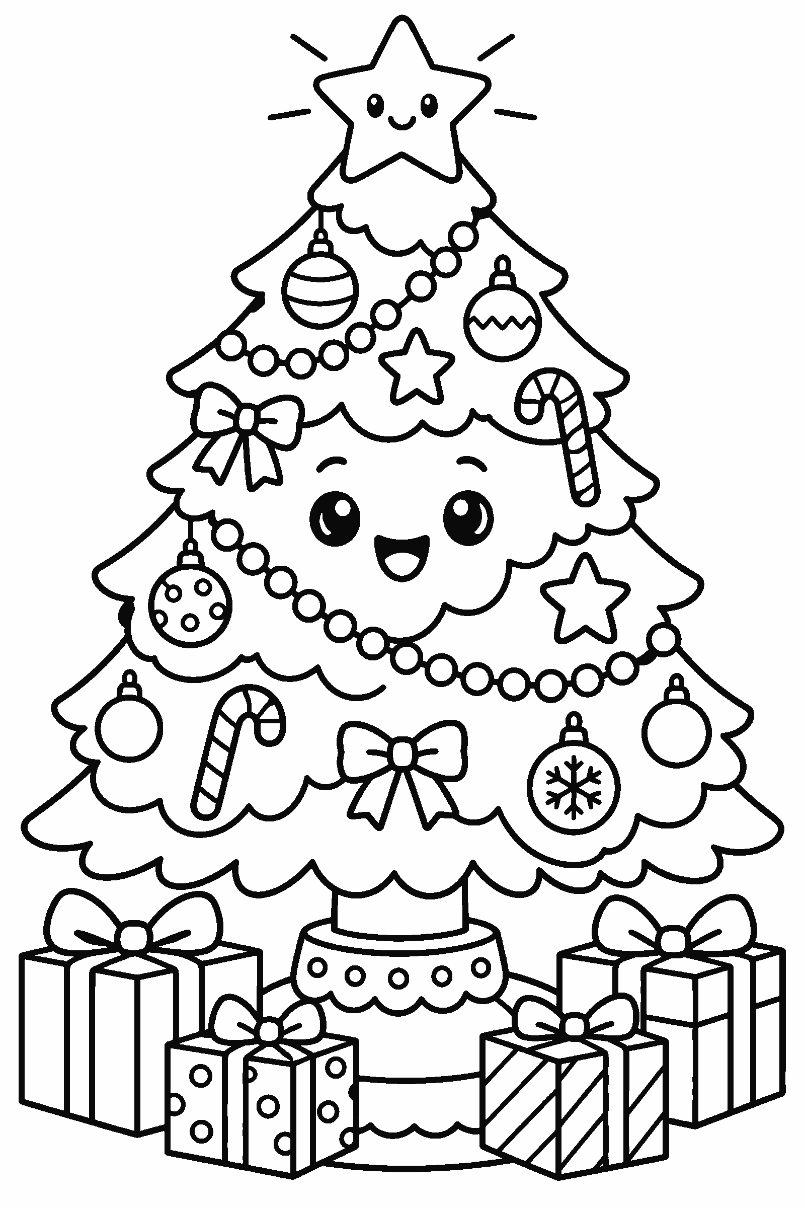 Coloring page of a decorated Christmas tree with presents underneath and a star on top
