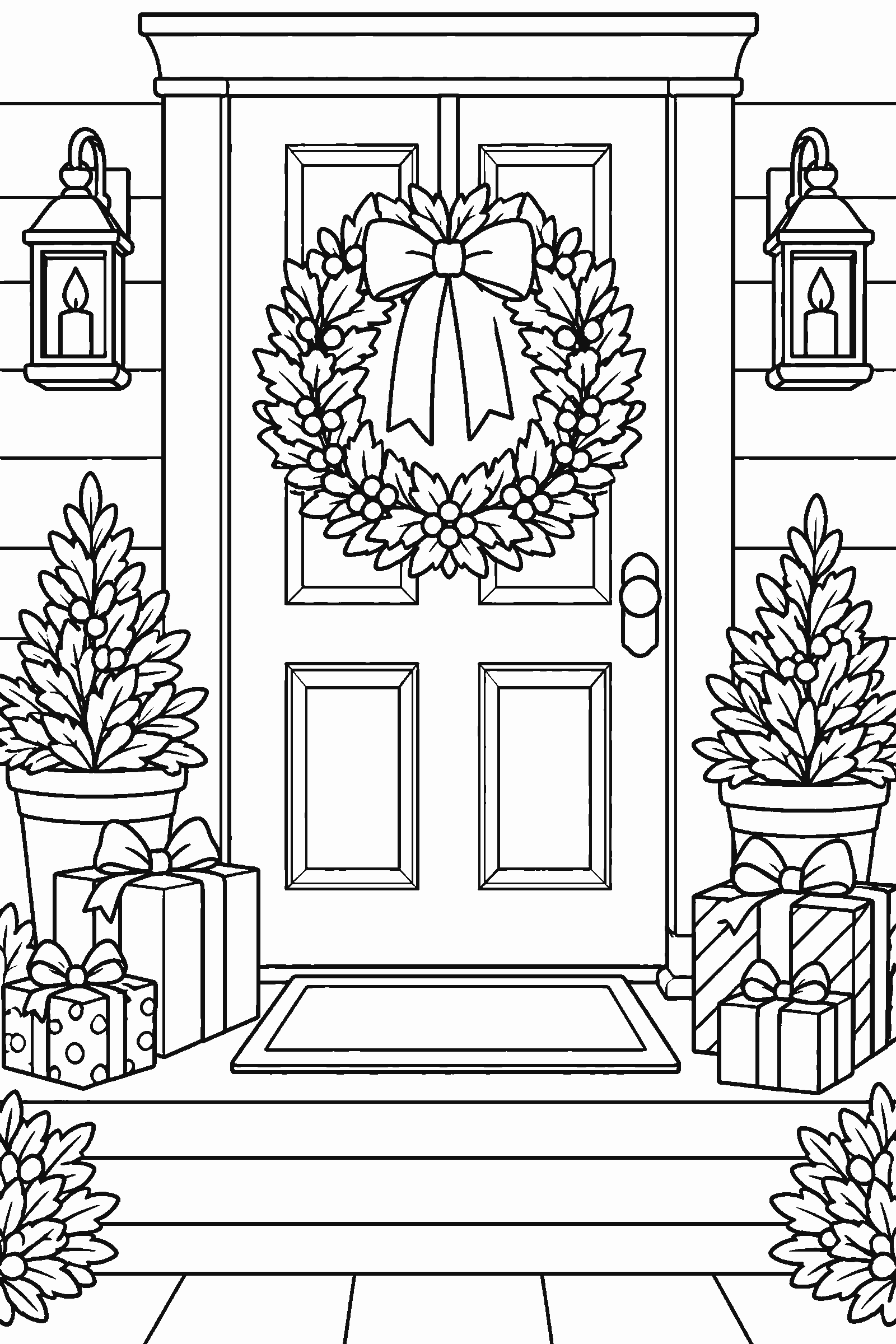 Coloring page of a door with a wreath and presents