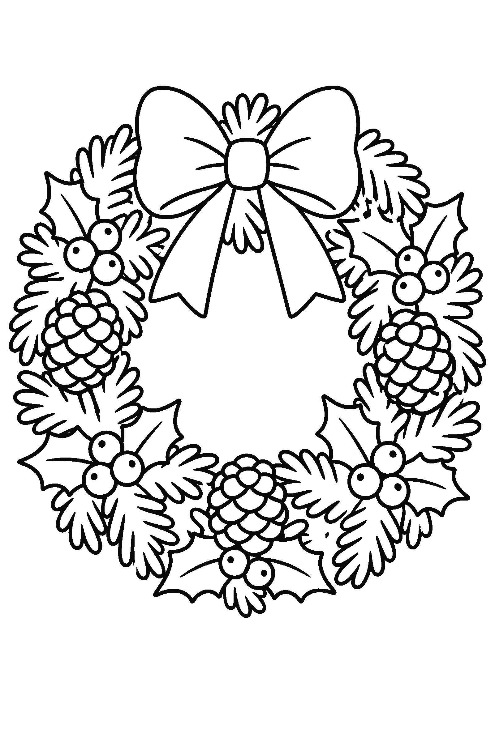 Coloring page of a Christmas wreath with a big bow, pinecones, holly and berries