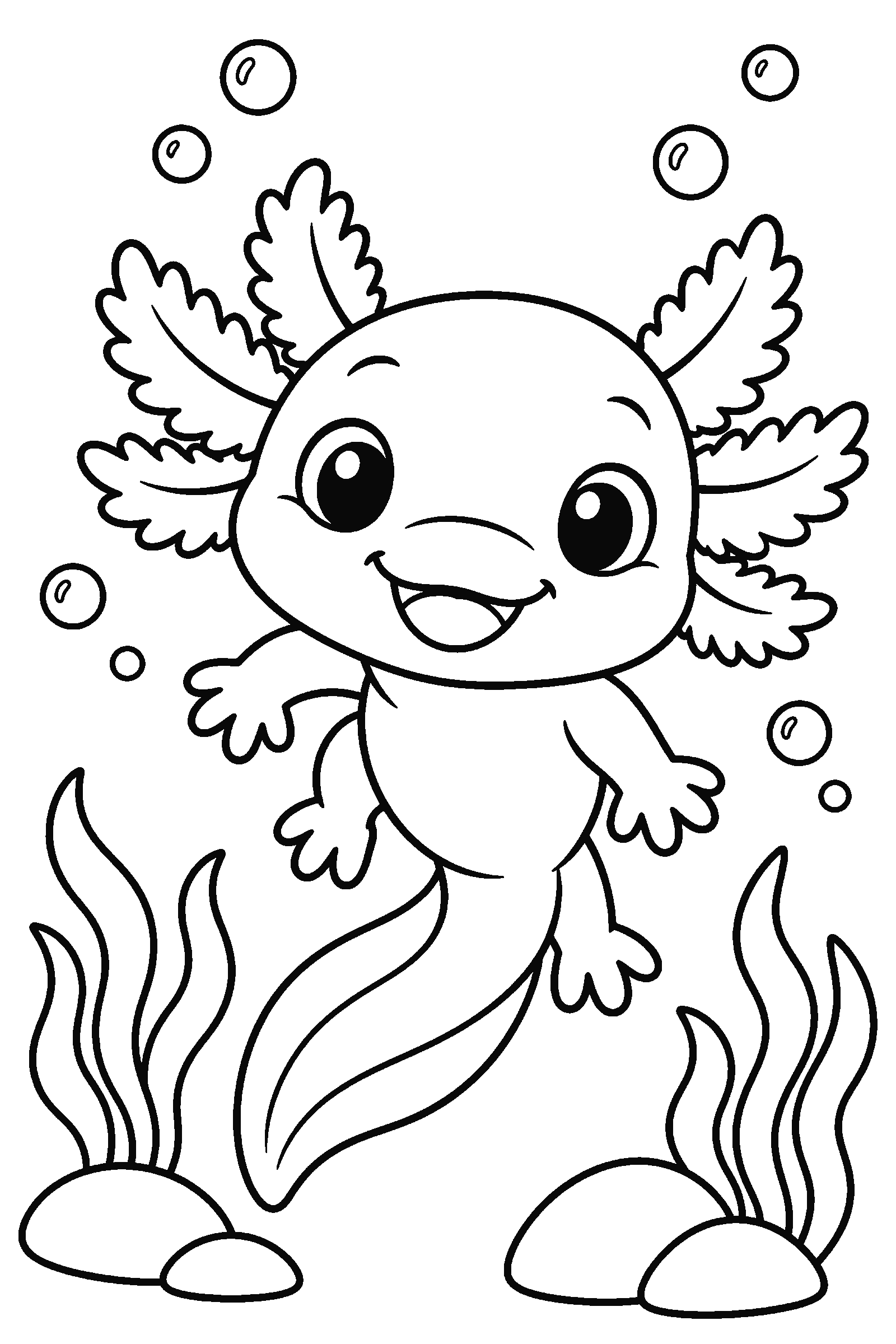 Coloring page of a cute smiling axolotl with frilly gills, bubbles and water plants