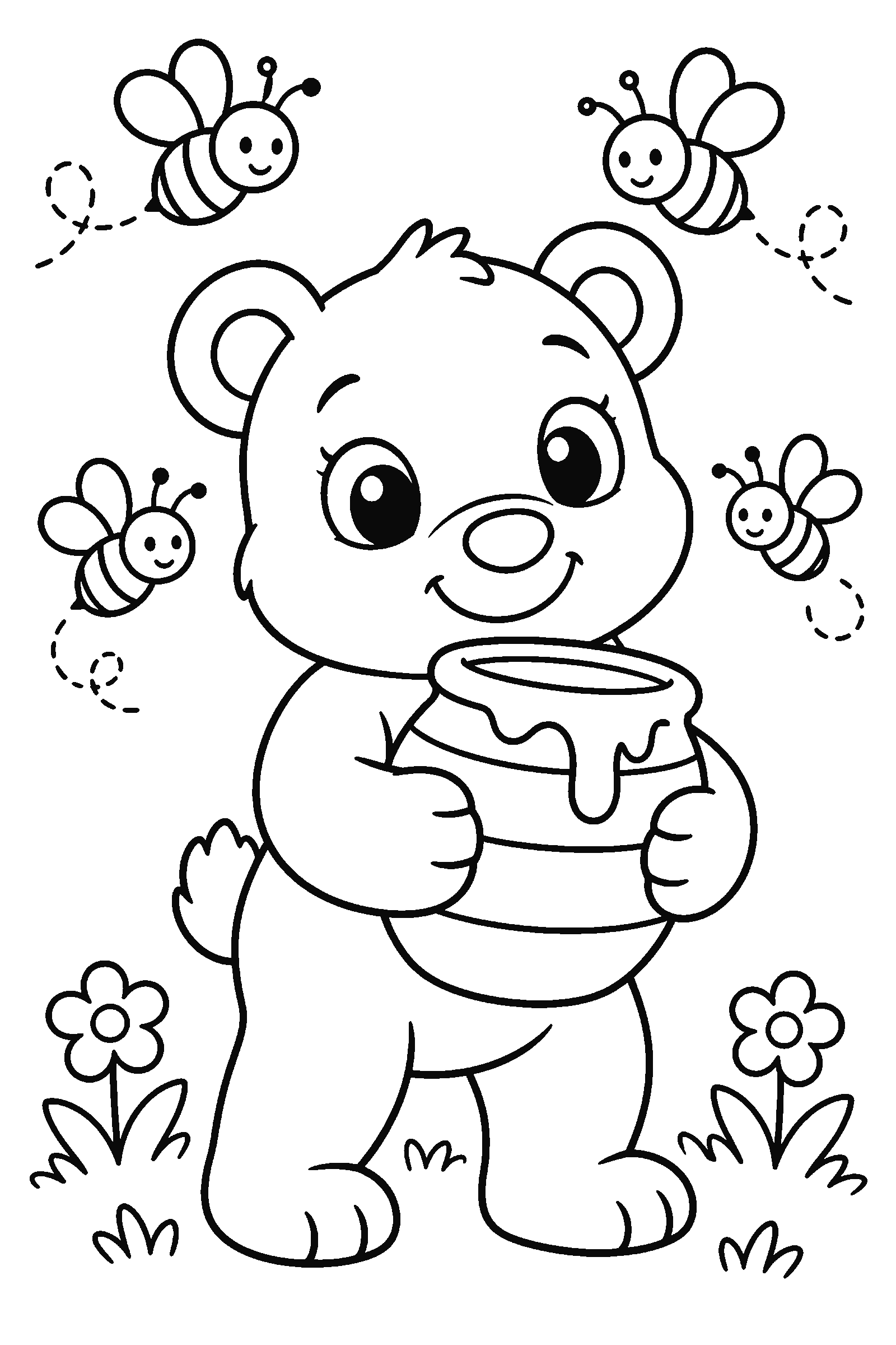 Coloring page of a cute little bear holding a honey pot with bees flying around
