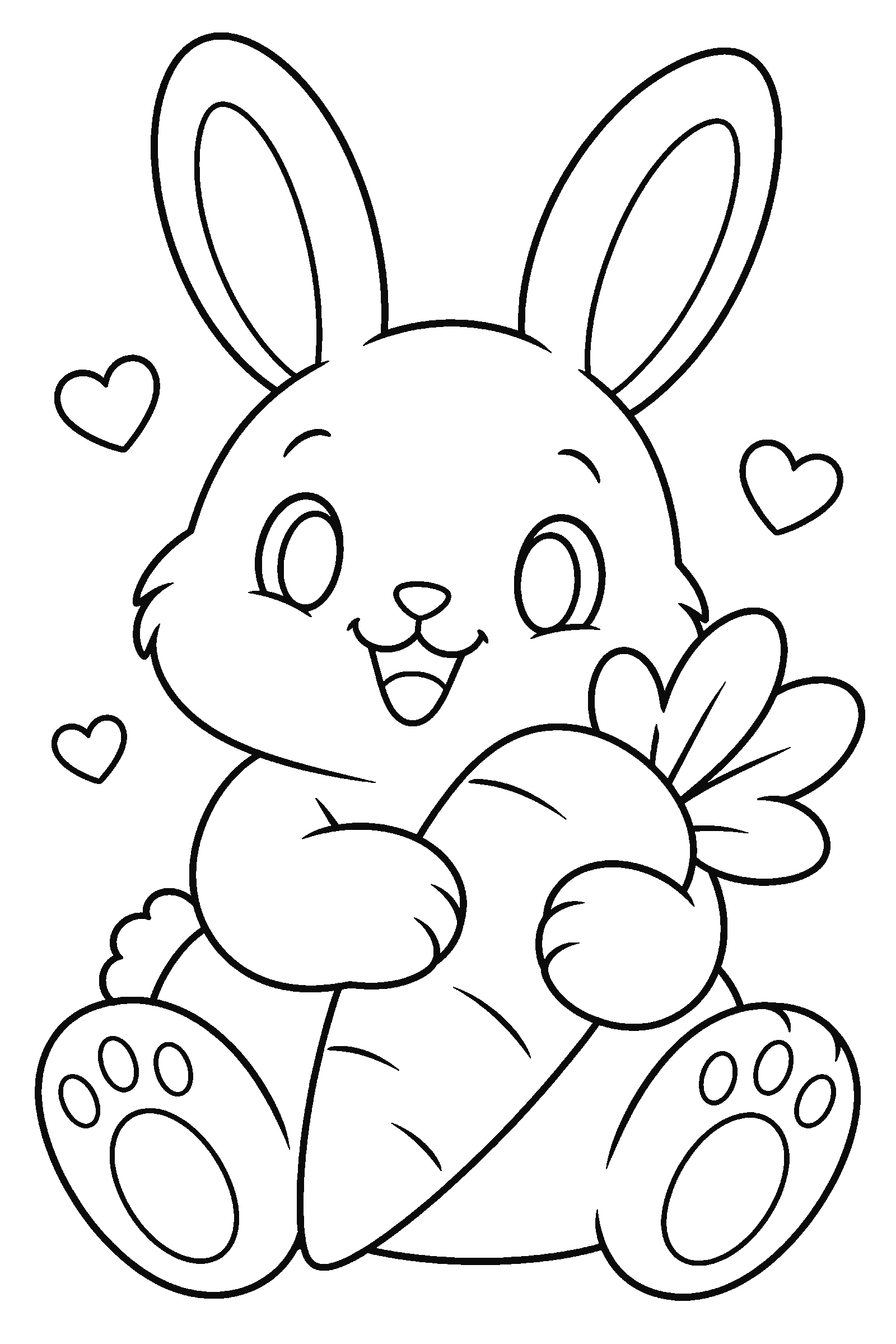 Coloring page of a cute chubby bunny hugging a big carrot with tiny hearts around it