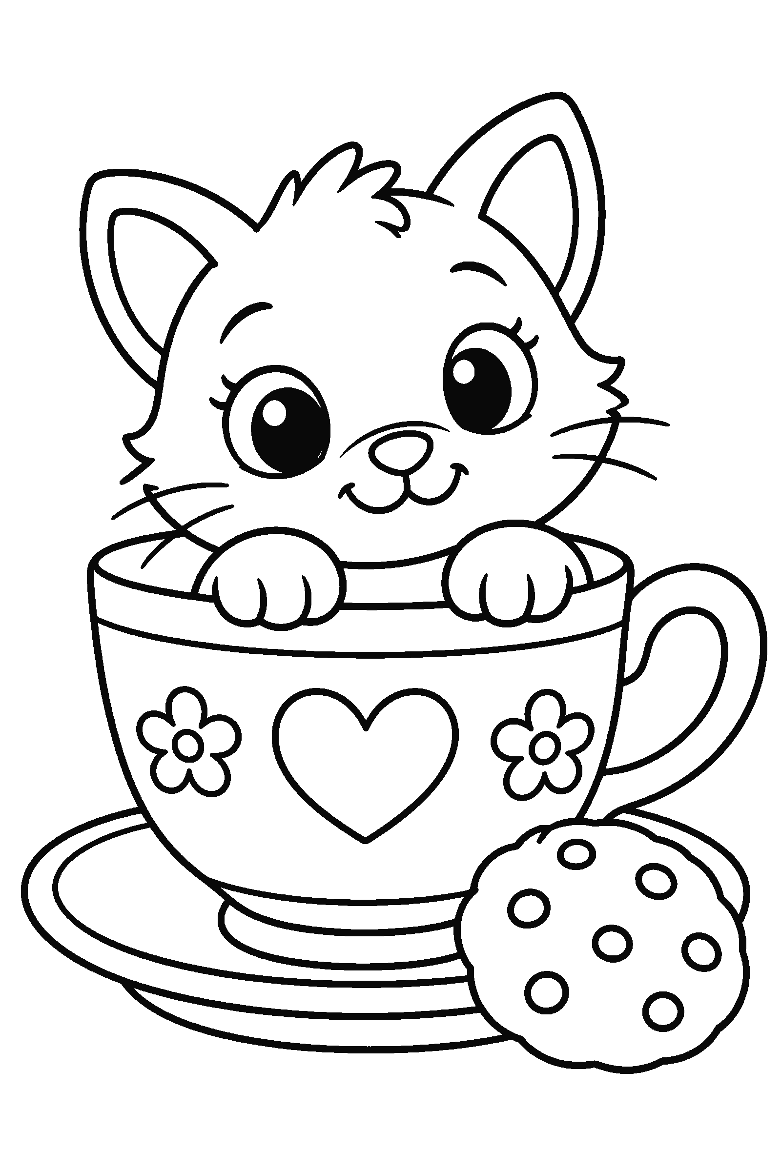 Coloring page of a cute kitten peeking out of a big teacup with a saucer and a cookie