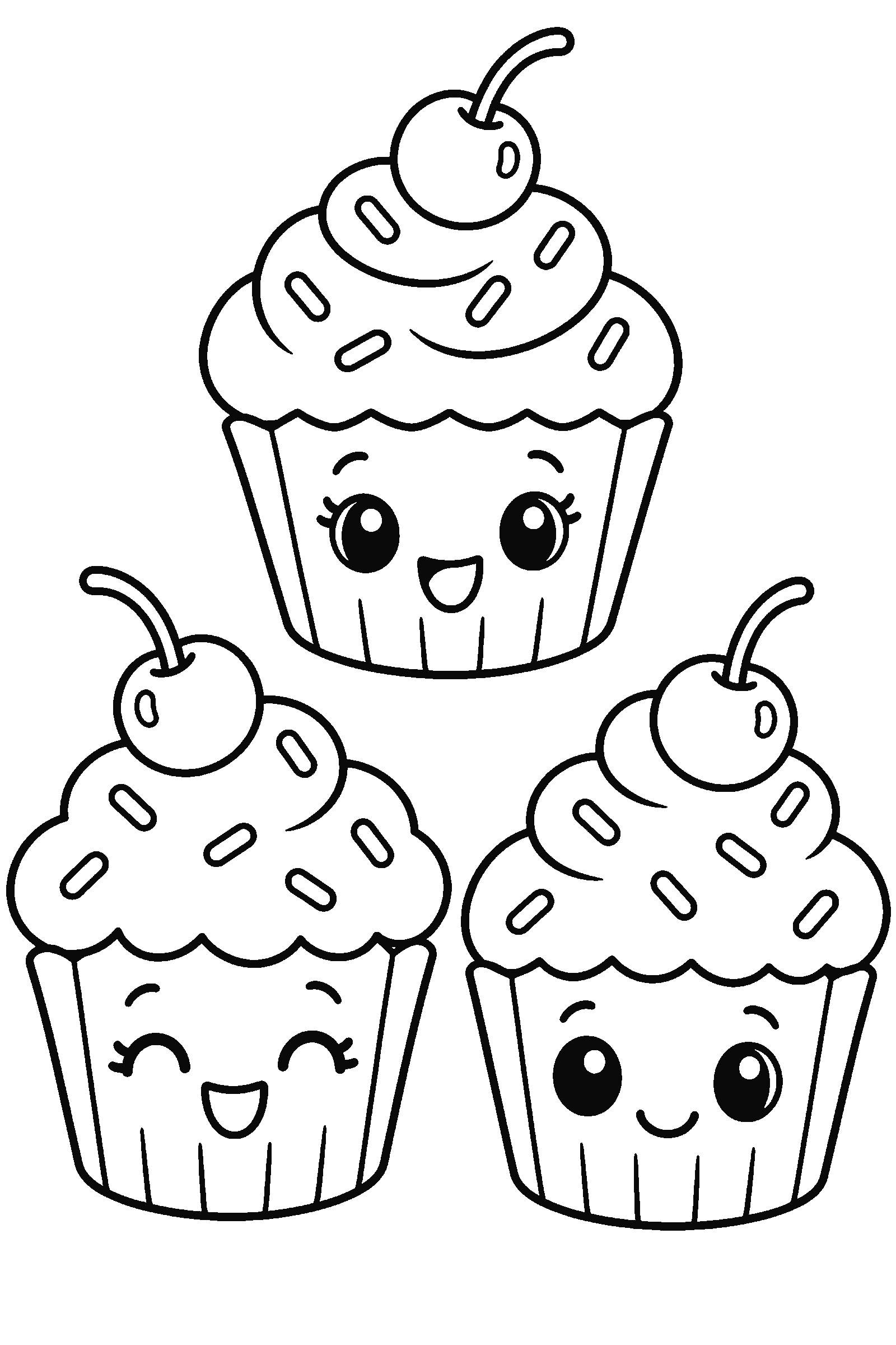 Coloring page of three cute cupcakes with smiling faces, sprinkles and a cherry on top