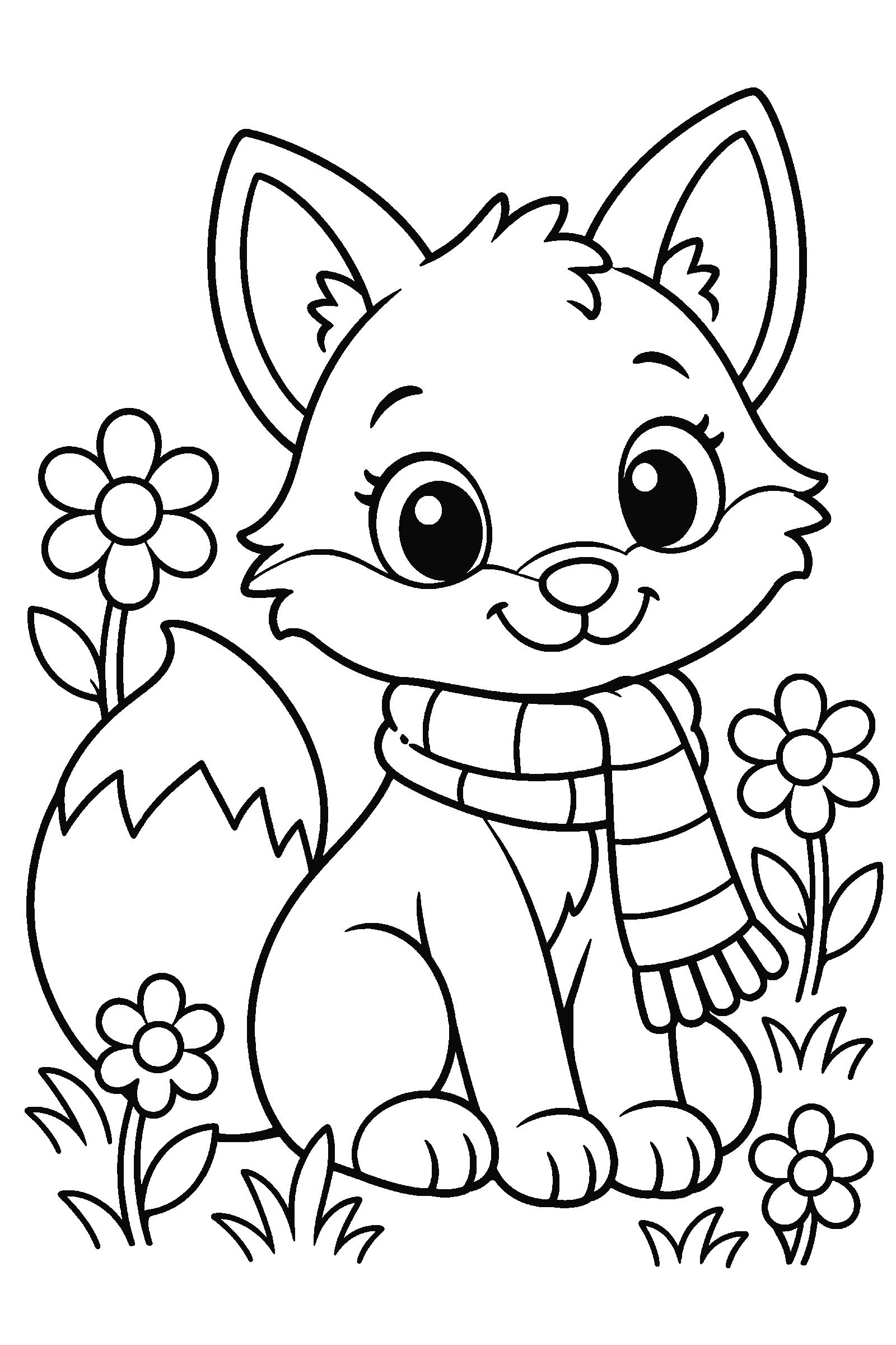 Coloring page of a cute baby fox wearing a knitted scarf sitting among flowers