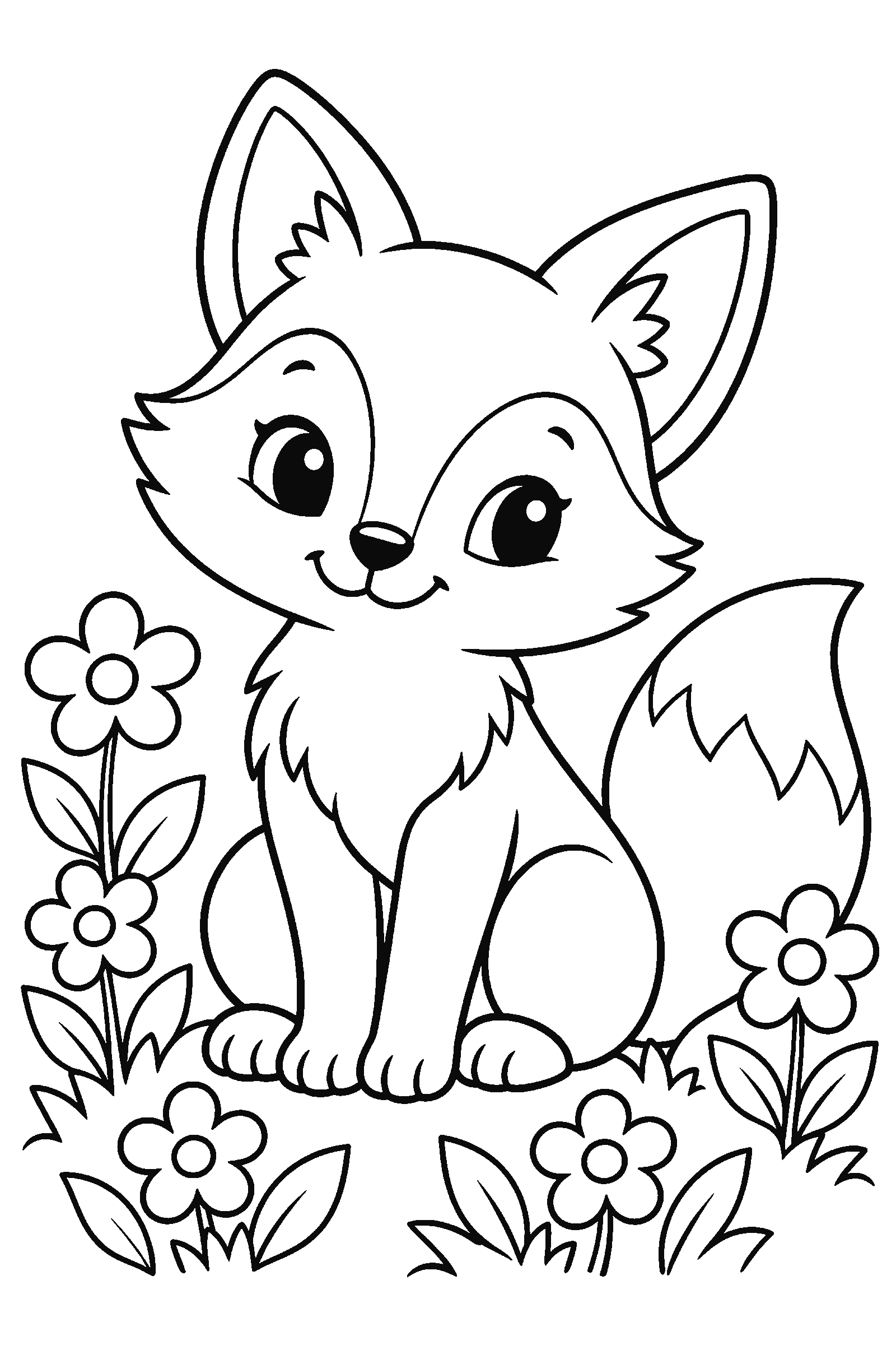 Coloring page of a cute fox sitting in flowers