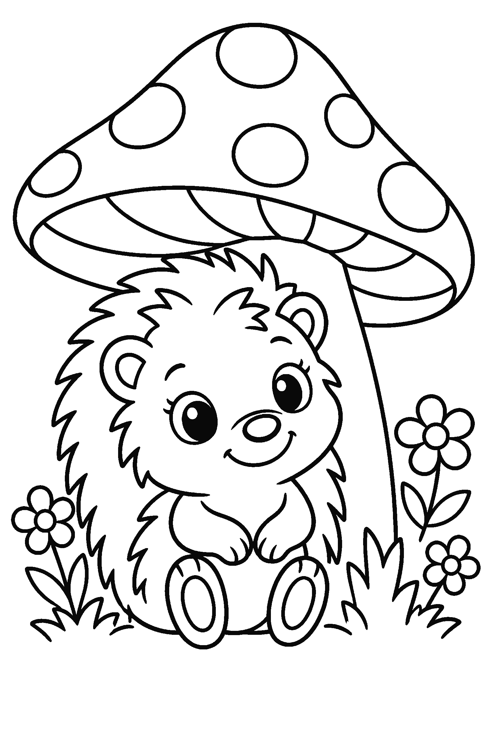 Coloring page of a cute hedgehog sitting under a big spotted mushroom with little flowers
