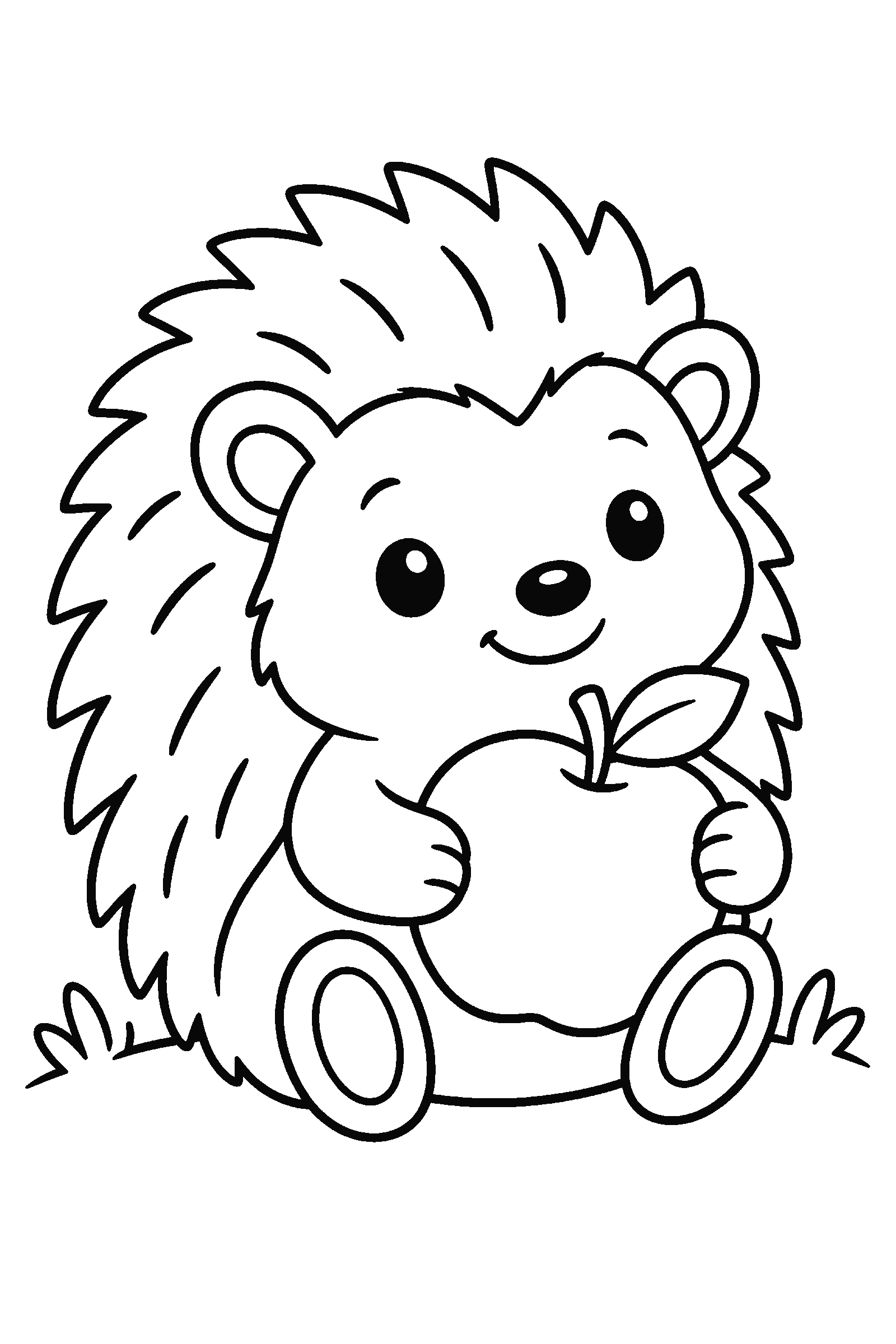 Coloring page of a cute hedgehog with an apple