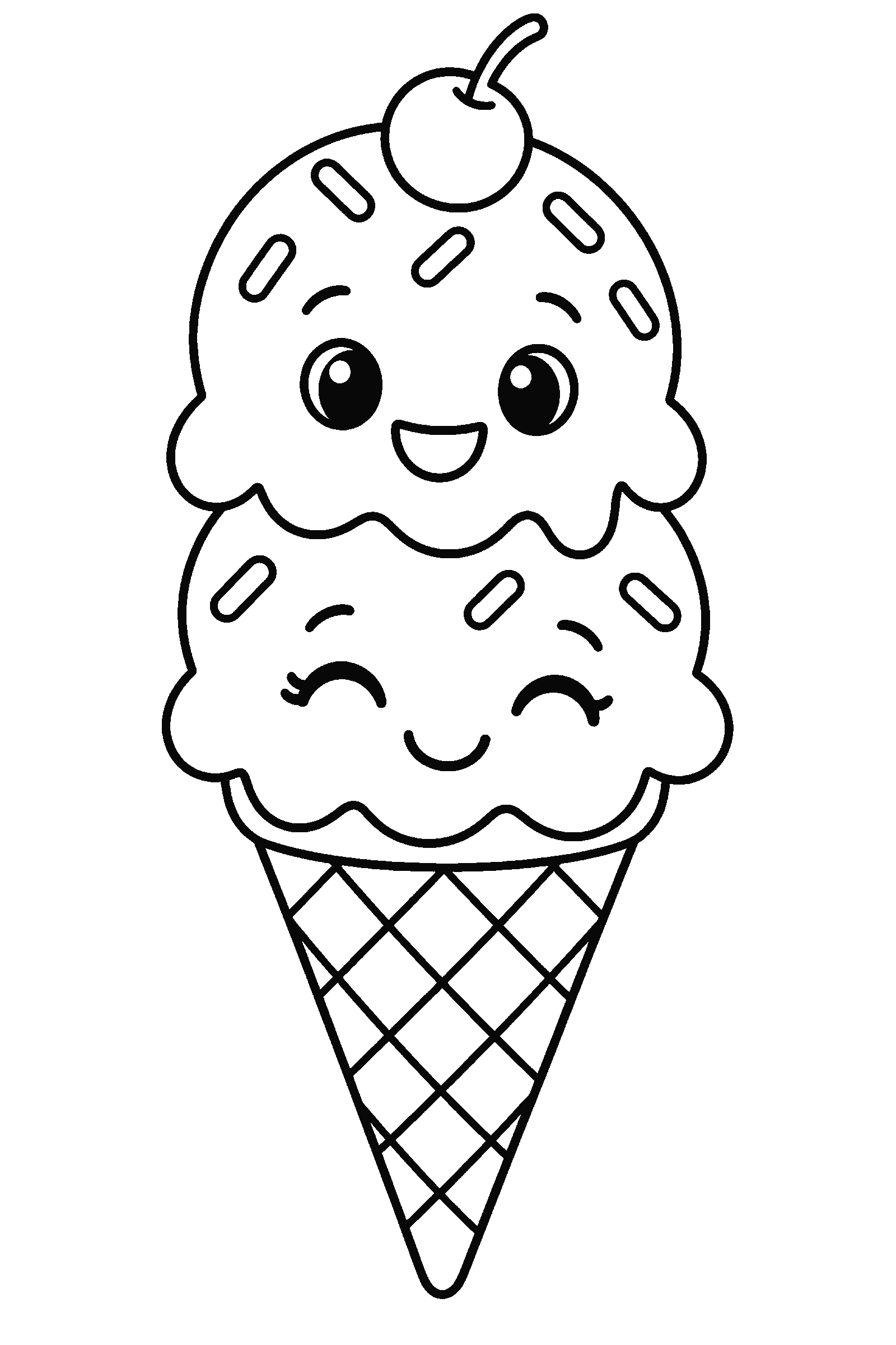 Coloring page of a cute double scoop ice cream cone with a smiling face, sprinkles and a waffle pattern