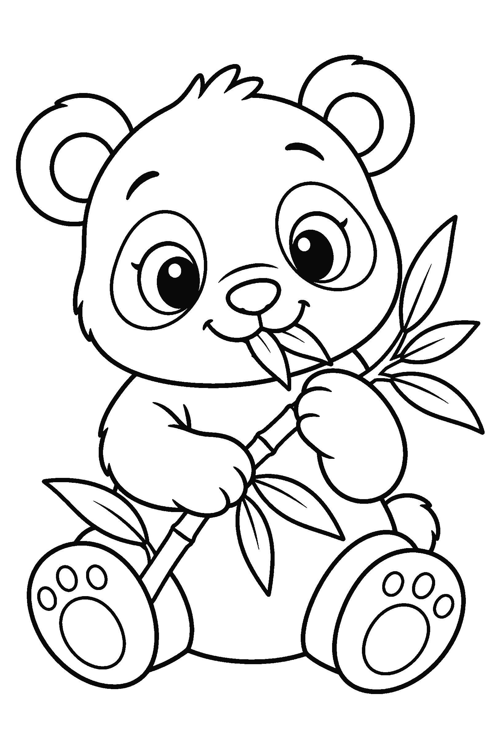 Coloring page of a cute baby panda sitting and eating bamboo leaves