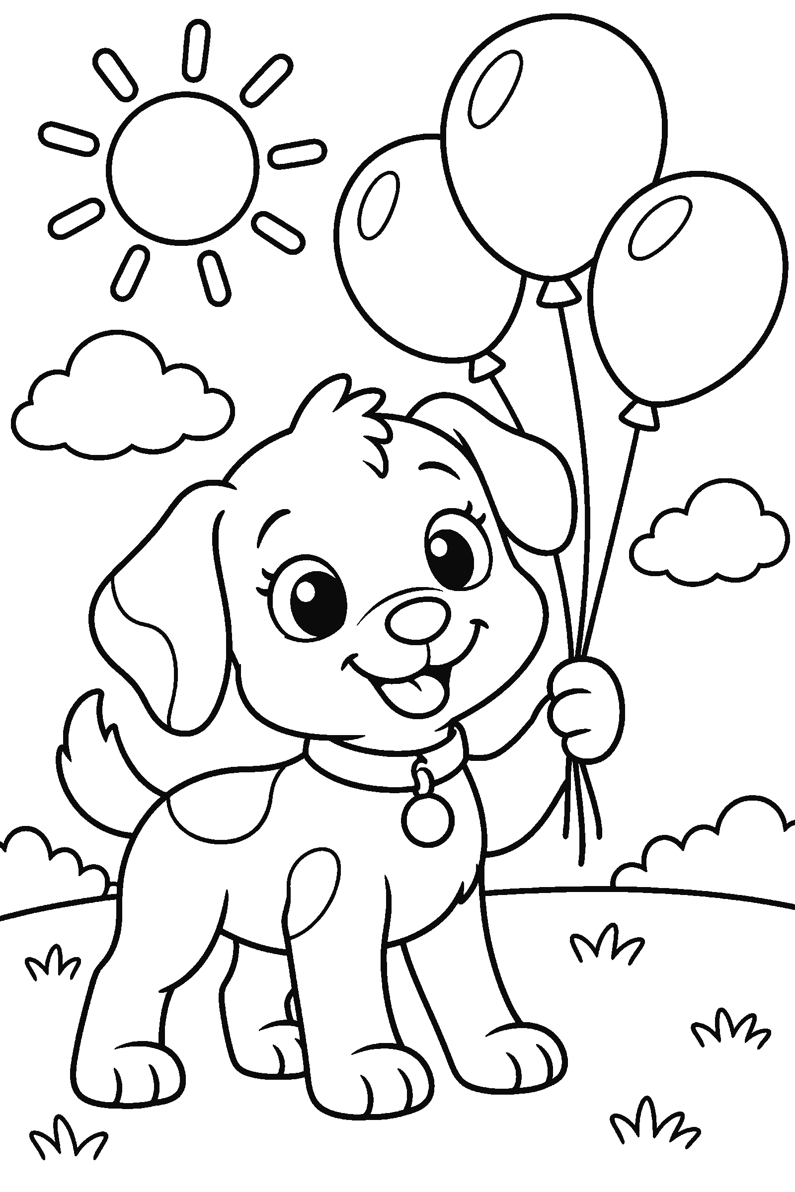 Coloring page of a cute puppy holding three balloons on a sunny day with clouds