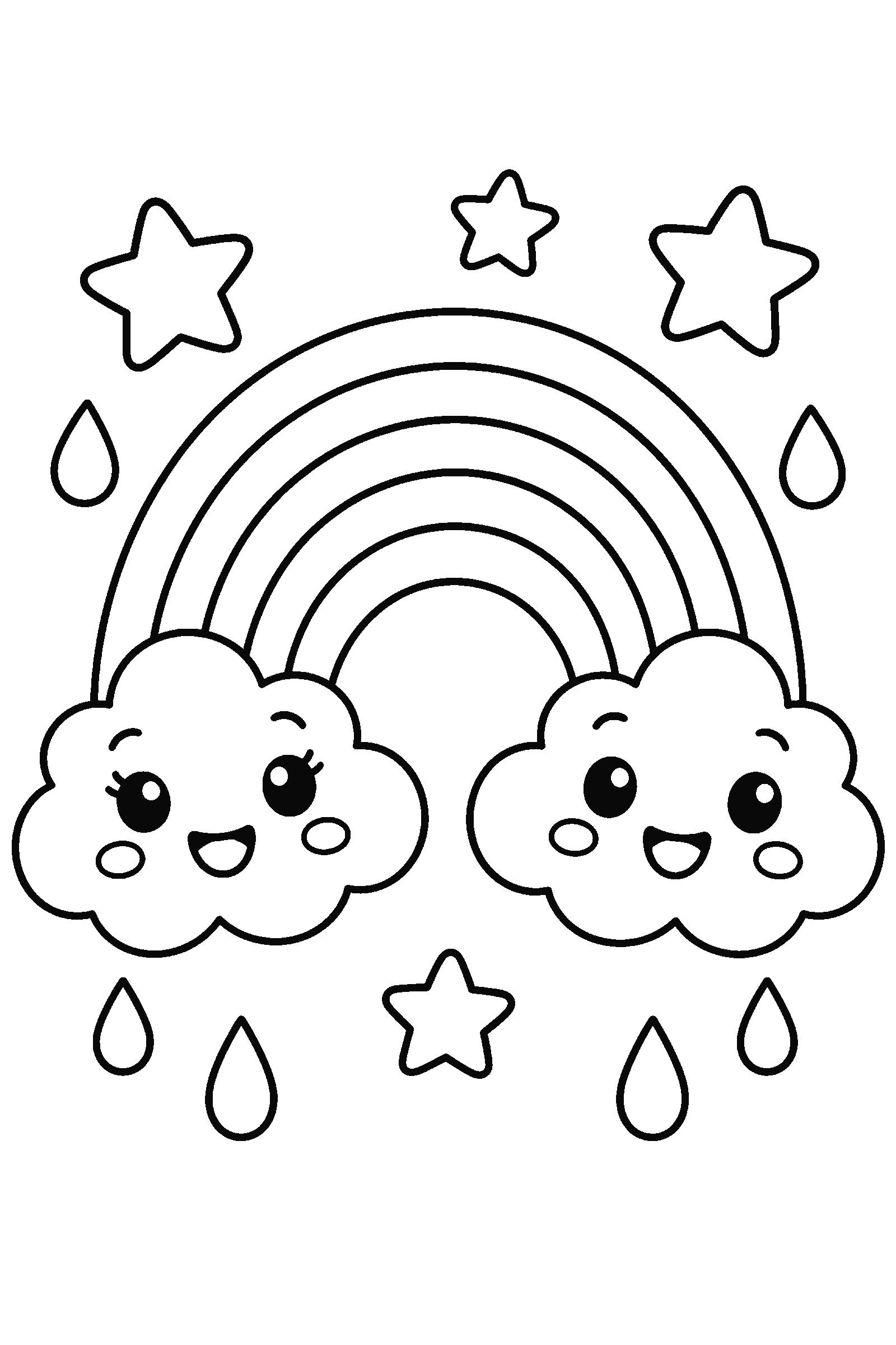 Coloring page of a cute rainbow between two smiling clouds with stars and raindrops