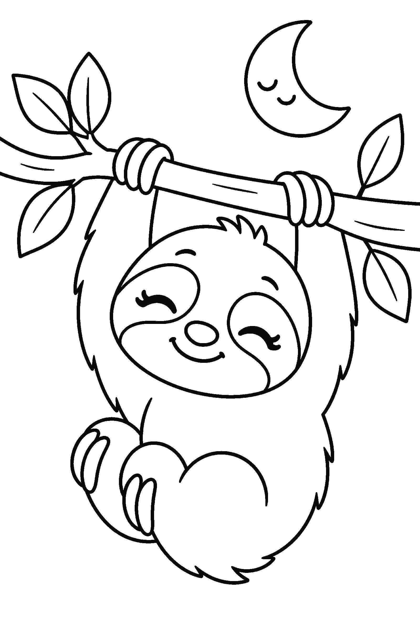 Coloring page of a cute sleepy sloth hanging from a branch with leaves and a little moon