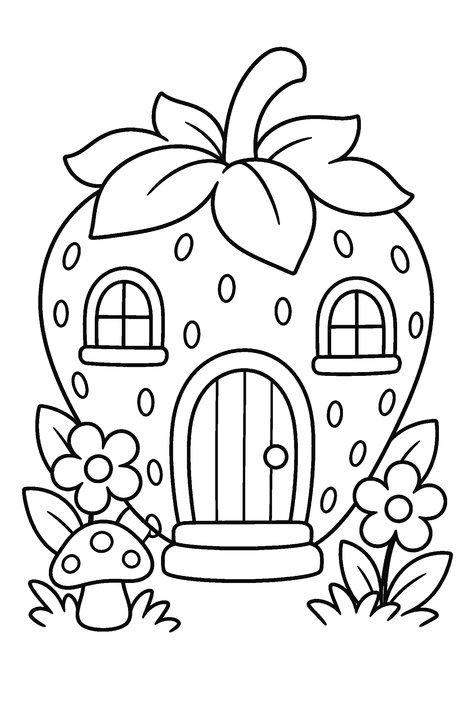 Coloring page of a cute strawberry-shaped little house with a round door, flowers and a tiny mushroom