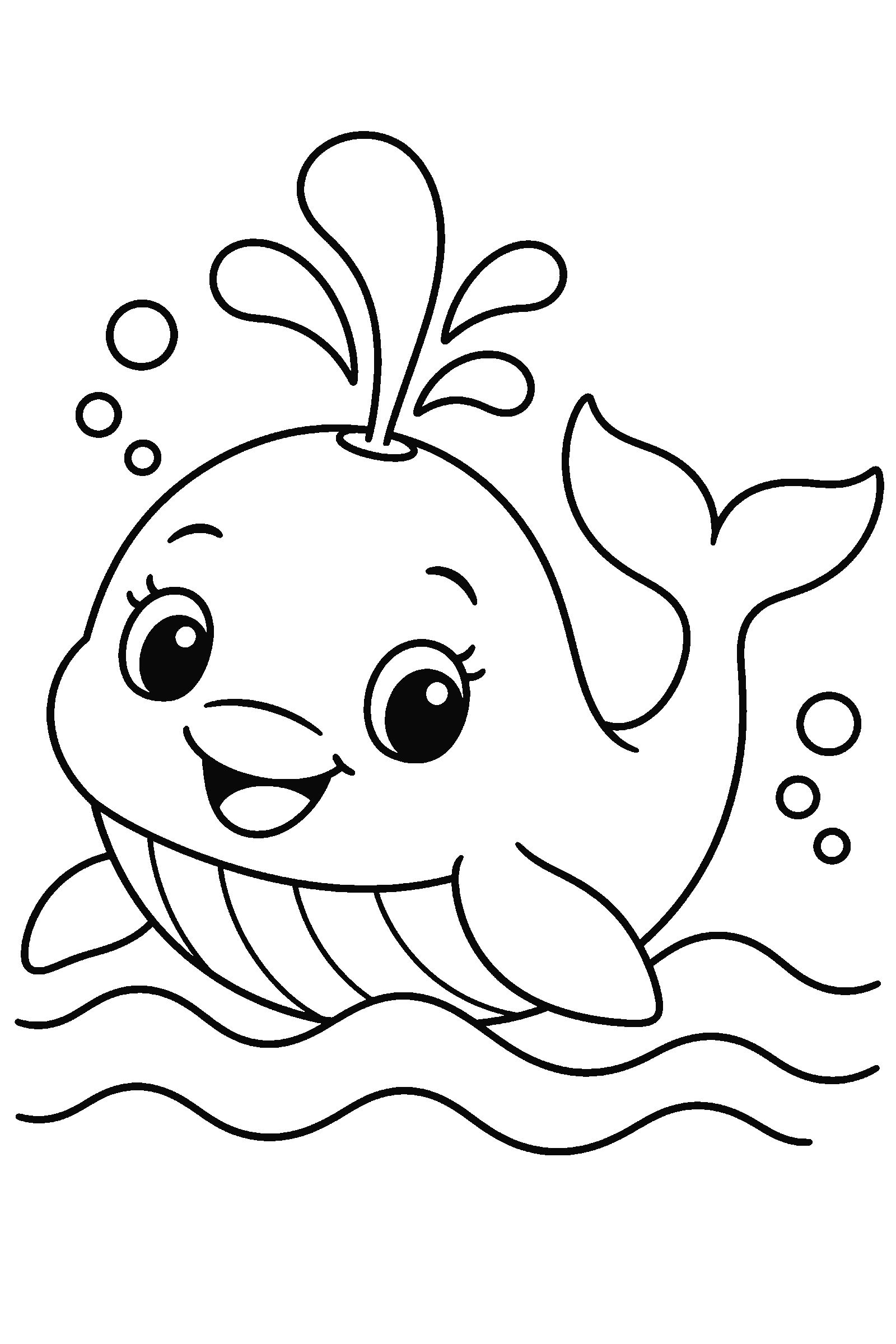 Coloring page of a cute smiling whale splashing in waves with a water spout and bubbles