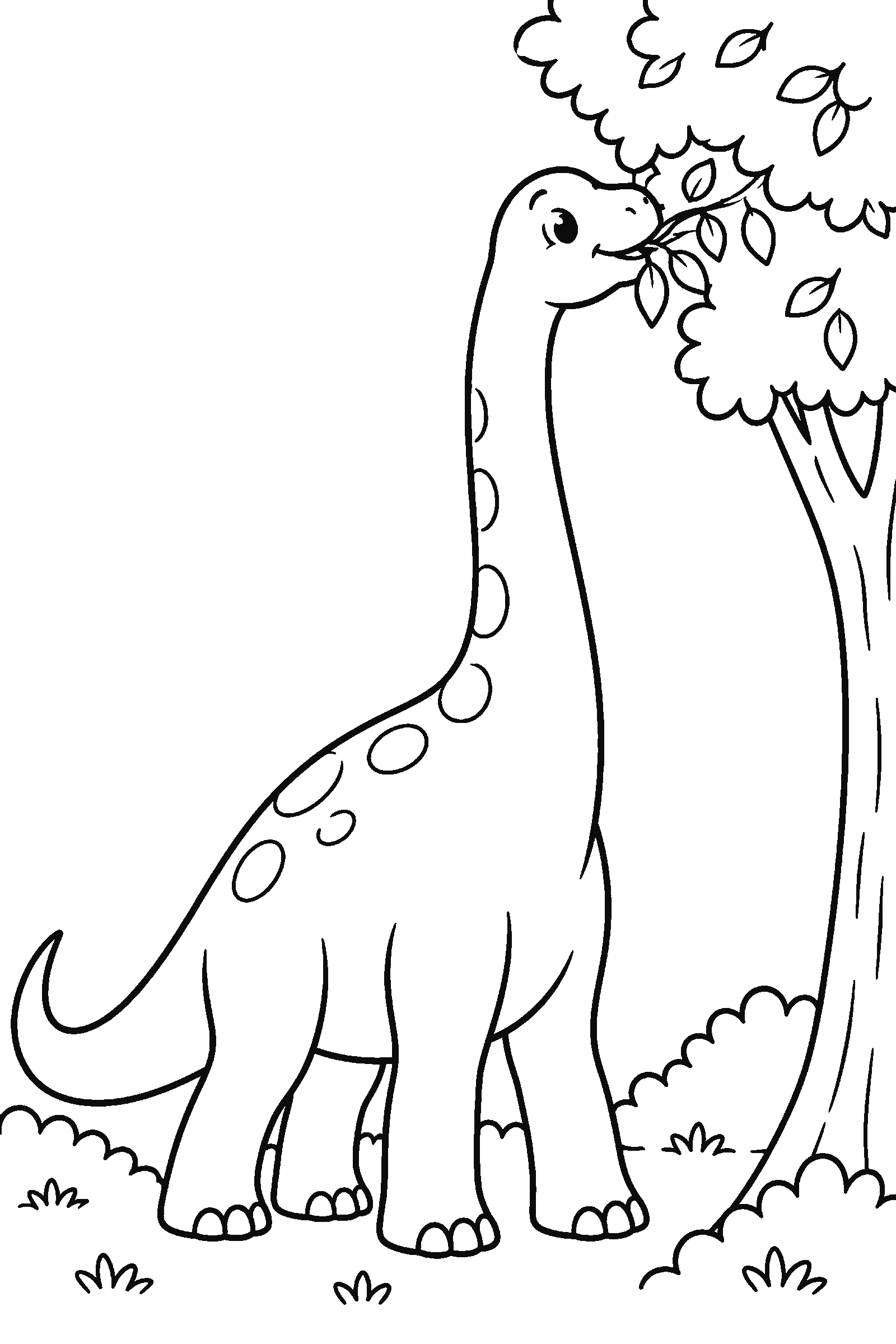 Coloring page of a long-neck brachiosaurus eating leaves from a tree